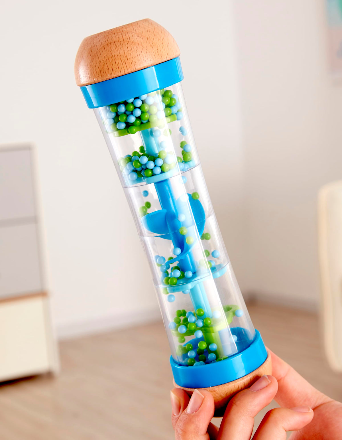 Hape Beaded Raindrops | Mini Wooden Musical Shake & Rattle Rainmaker Toy, Blue,E0328B