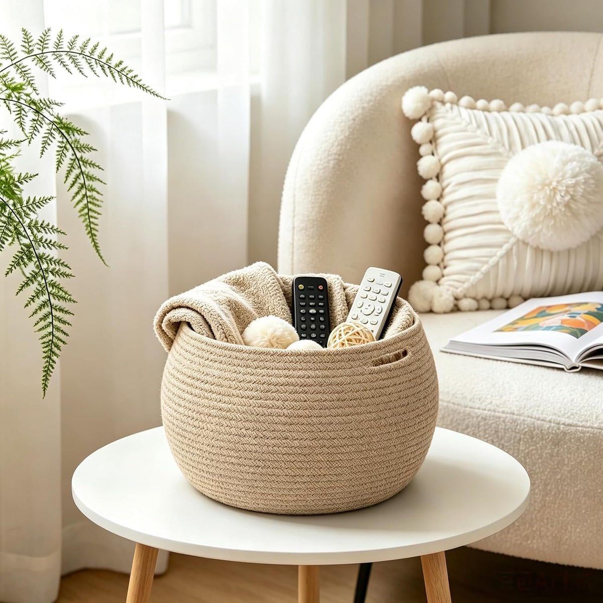 TERRIFI Round Storage Basket with Handles, Woven Jute Rope Organizer, Foldable Cotton Rope Basket for Nursery Toys, Towels, Indoor Plant Pots and Home Decor, 26 * 21cm
