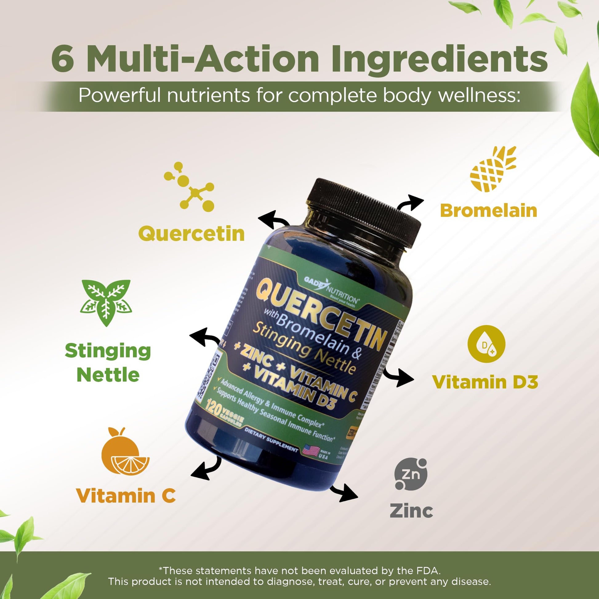 Quercetin with Vitamin C and Zinc - Nettle Quercetin - Quercetin 500mg - Quercetin with Bromelain - Zinc Quercetin + Vitamin D3 - 120 Veggie Caps - (Non-GMO, Gluten-Free, Vegan) - 2 Month Supply - Medaid International
