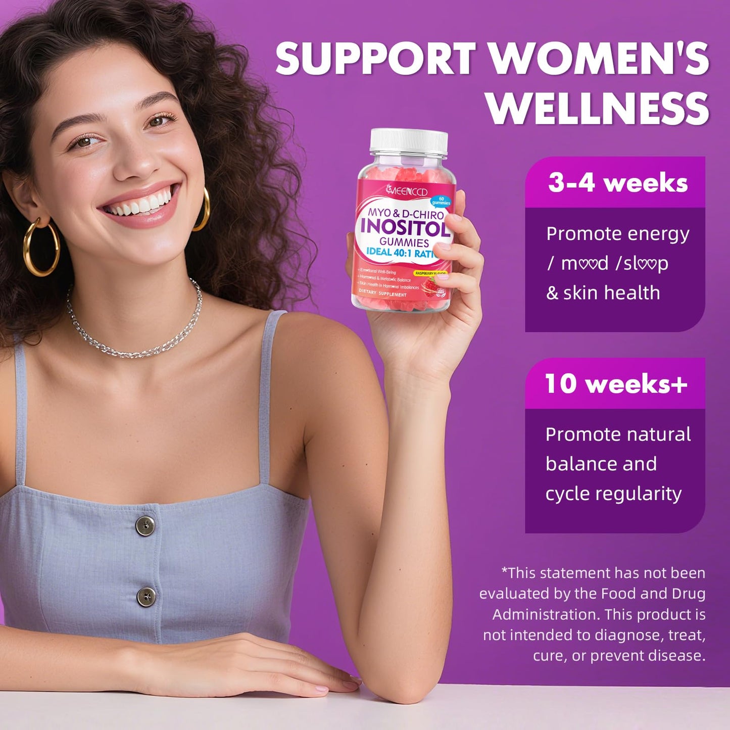 2 Pack Myo-Inositol & D-Chiro Inositol Gummies, 40:1 Ratio Inositol with Vitamin D3, Magnesium Glycinate, Folate & Zinc, Inositol Supplement for Female Health & Wellness, Raspberry Flavor, 120 Count - Medaid International