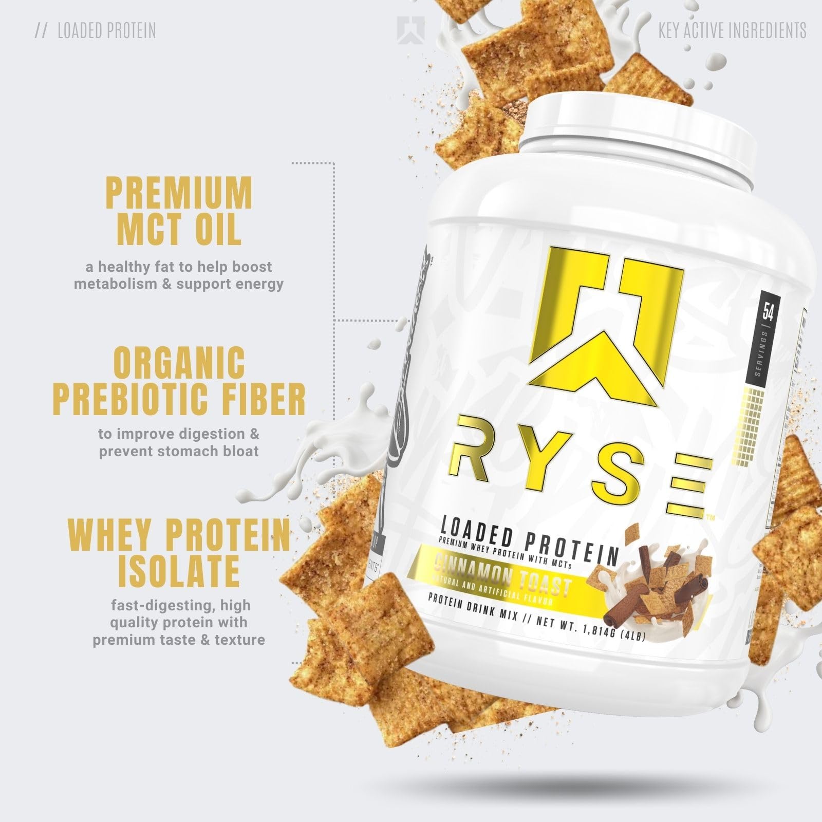 RYSE Loaded Protein Powder - Cinnamon Toast - 25g Whey Protein Isolate & Concentrate with Prebiotic Fiber & MCTs - Low Carb, Low Sugar, Digestive-Friendly - 54 Servings / 4 lb Tub - Medaid International