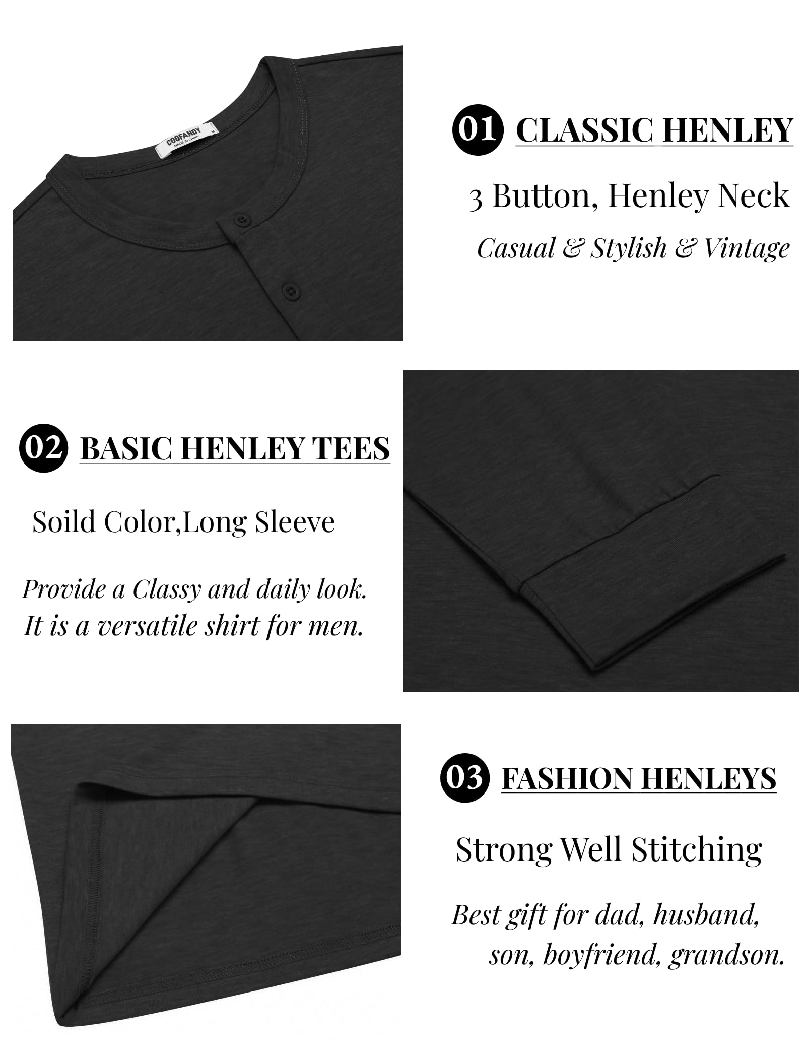 COOFANDY Men's Henley Shirts Long Sleeve Casual Basic Solid Tees Soft Stretch Lightweight T-Shirt Fall Fashion Henley Top Black - Medaid International