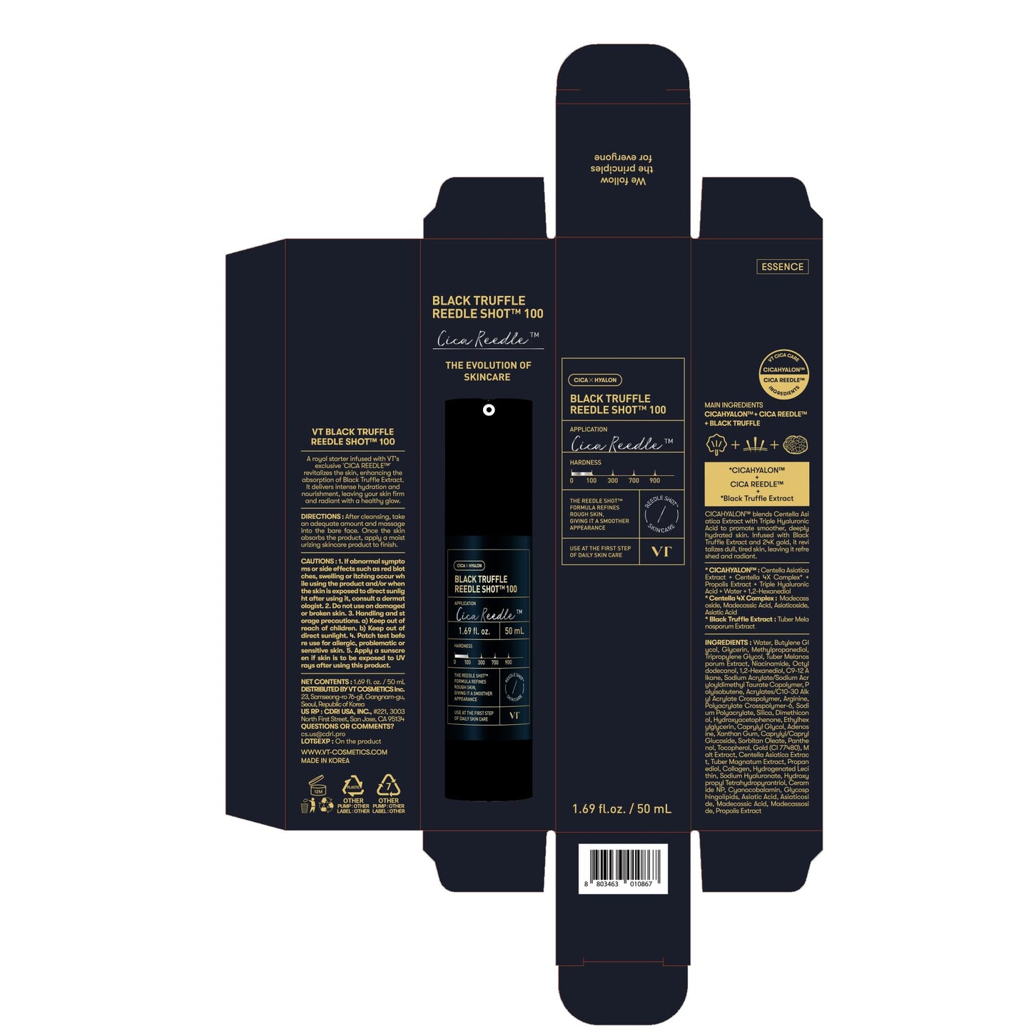VT COSMETICS Black Truffle Reedle Shot 100, Spicule Microneedling Exosome Serum with 24K Gold for Skin Elasticity, Deep Nourishment, Exfoliation & Smooth Glass Skin, Korean Skin Booster, 1.69 fl oz - Medaid International