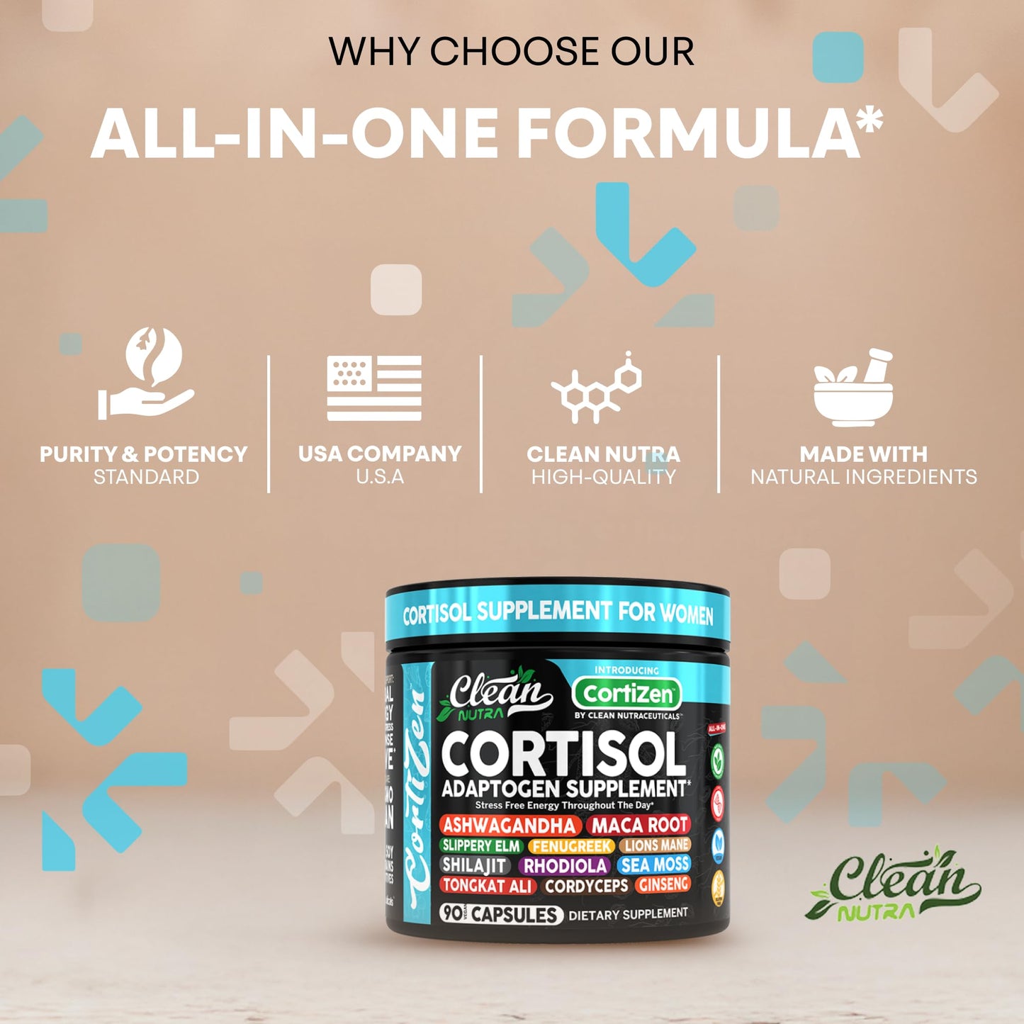 Clean Nutra Cortisol Supplements For Women | Maca Root Ashwagandha Cortisol Detox Manager Reducer + Slippery Elm Fenugreek Lions Mane Shilajit Rhodiola Sea Moss Tongkat Ali Cordyceps Ginseng Beet Root - Medaid International