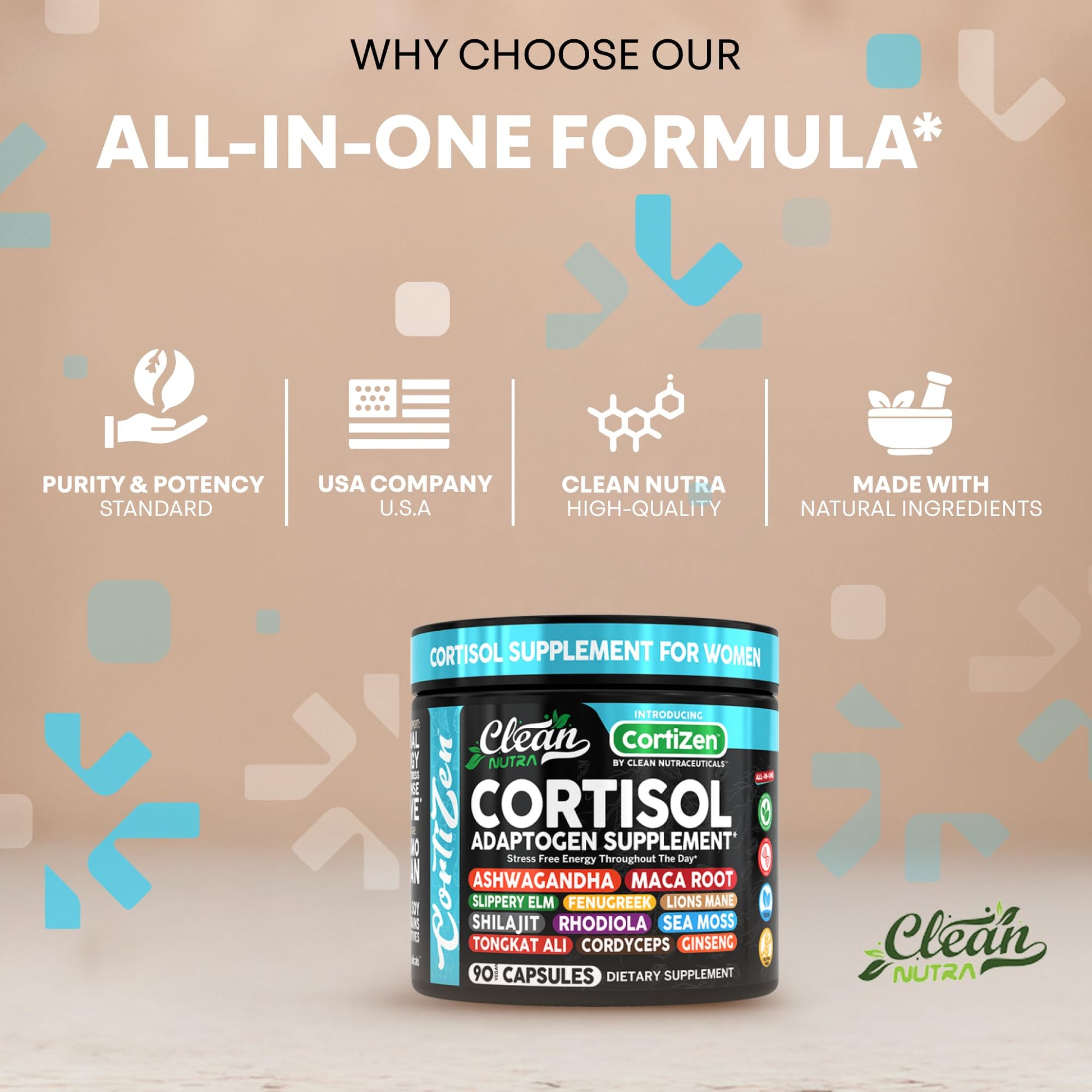 Clean Nutra Cortisol Supplements For Women | Maca Root Ashwagandha Cortisol Detox Manager Reducer + Slippery Elm Fenugreek Lions Mane Shilajit Rhodiola Sea Moss Tongkat Ali Cordyceps Ginseng Beet Root - Medaid International