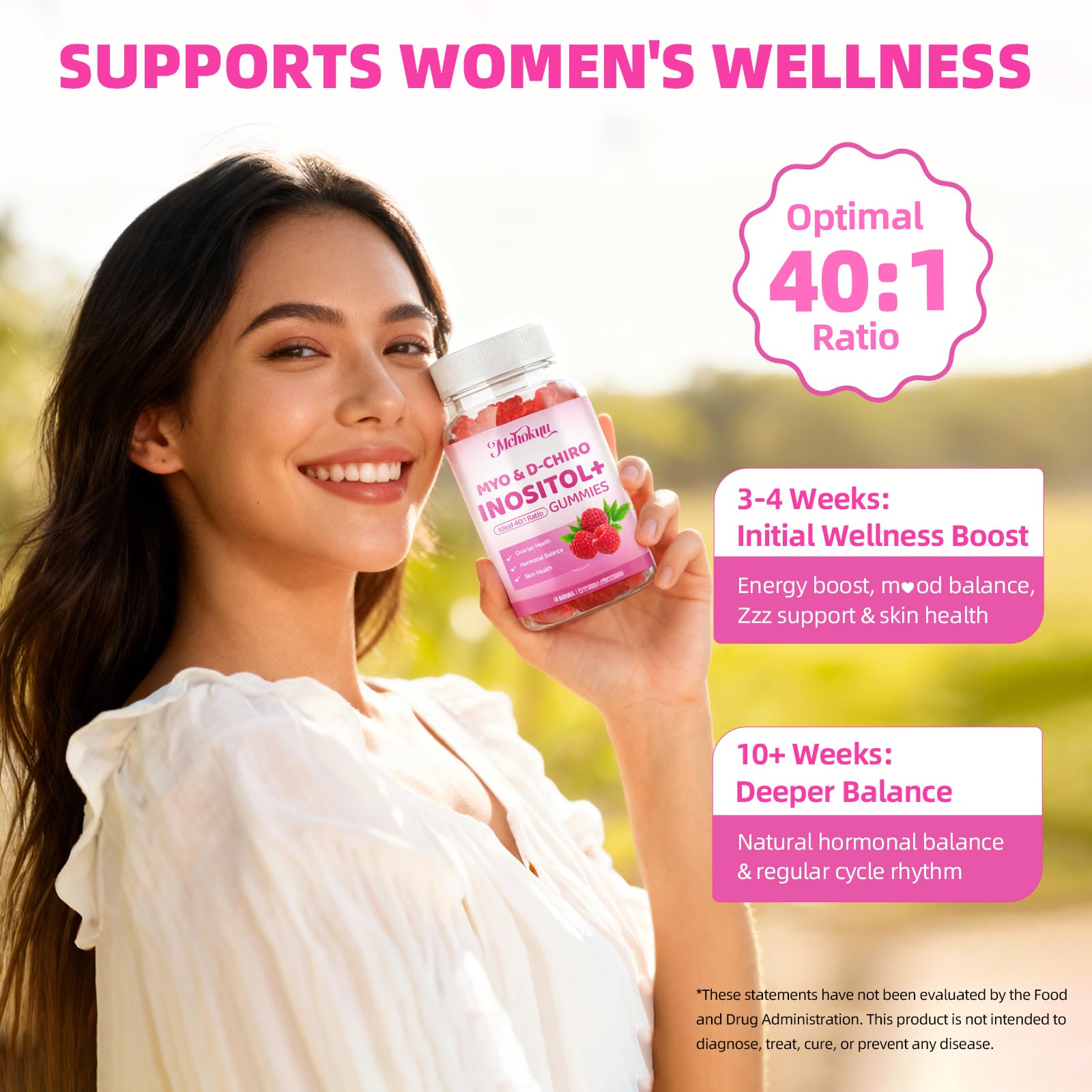 Mchokuu Myo-Inositol & D-Chiro Inositol Gummies, Ideal 40:1 Ratio Supplement for Women 2000mg 50mg with Vitamin D3 B12 for Hormonal Balance & Ovarian Health, Sugar Free, Raspberry Flavor, 60 Count - Medaid International