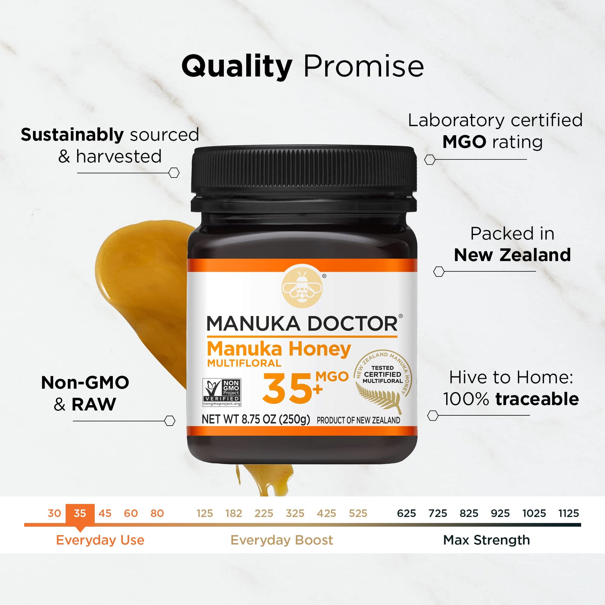 Manuka Doctor - MGO 35+ Manuka Honey Multifloral, 100% Pure New Zealand Honey. Certified. Guaranteed. Raw. Non-GMO (8.75oz) - Medaid International