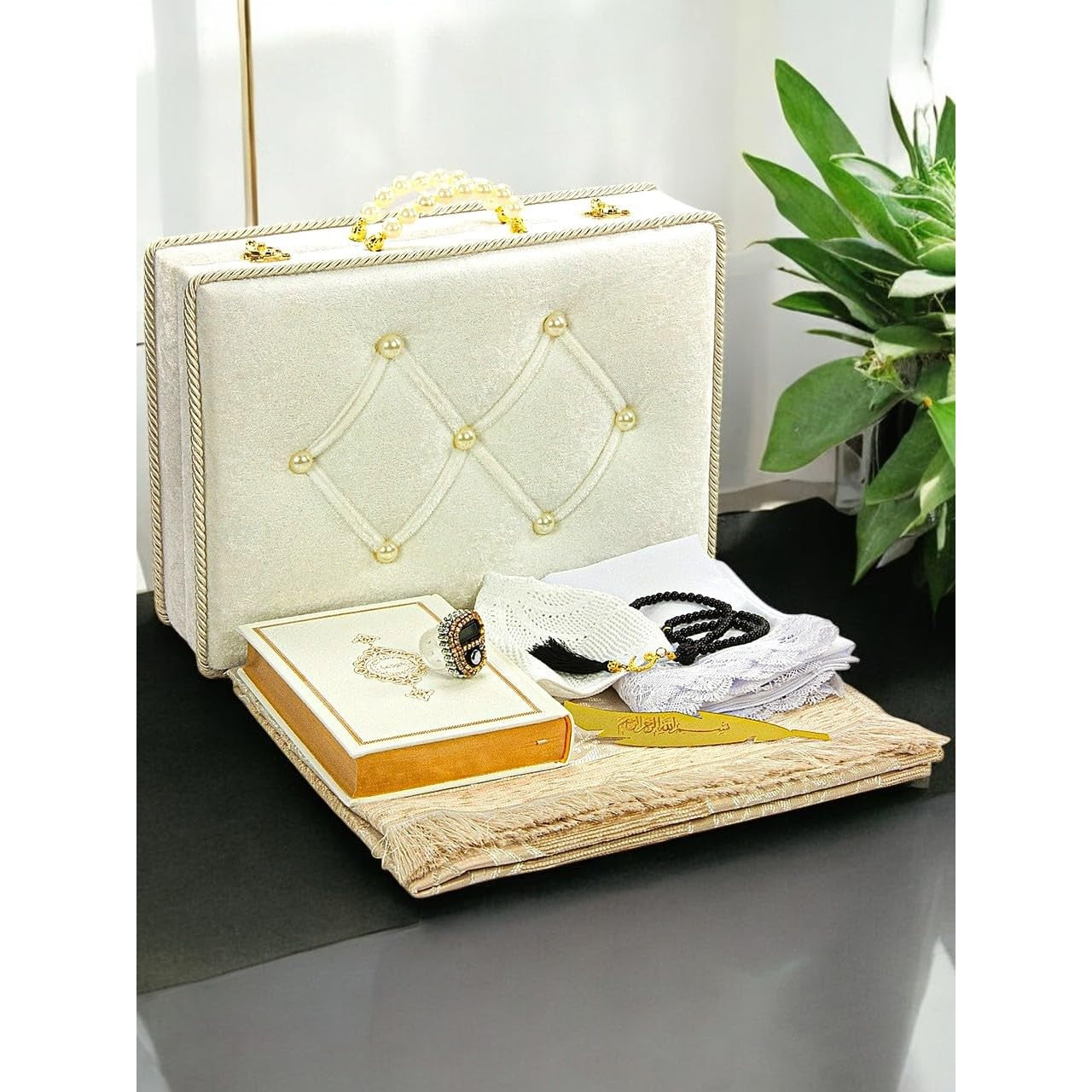 ihvan online Muslim Prayer Rug Set, Islamic Dowry Gift Box for Men & Women, Shawl, Kufi Hat, Digital Beads Counter, Quran Gift, Elegant Islamic Gifts Set for Ramadan & Eid & Wedding, White - Medaid International
