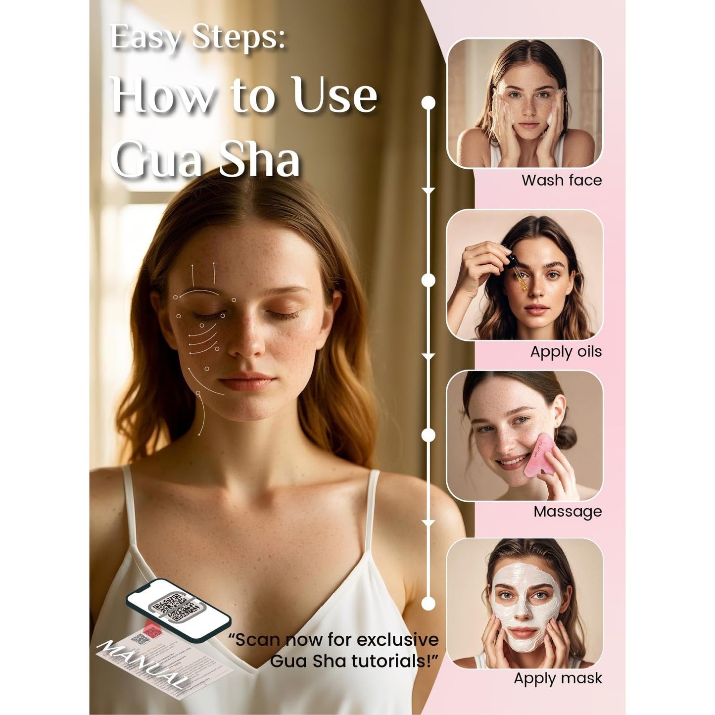 Rena Chris Gua Sha Facial Tools: Natural Rose Quartz Guasha Tool for Face Acupuncture Therapy, Facial Massager for Jawline Sculpting and Puffiness Reducing (Pink) - Medaid International