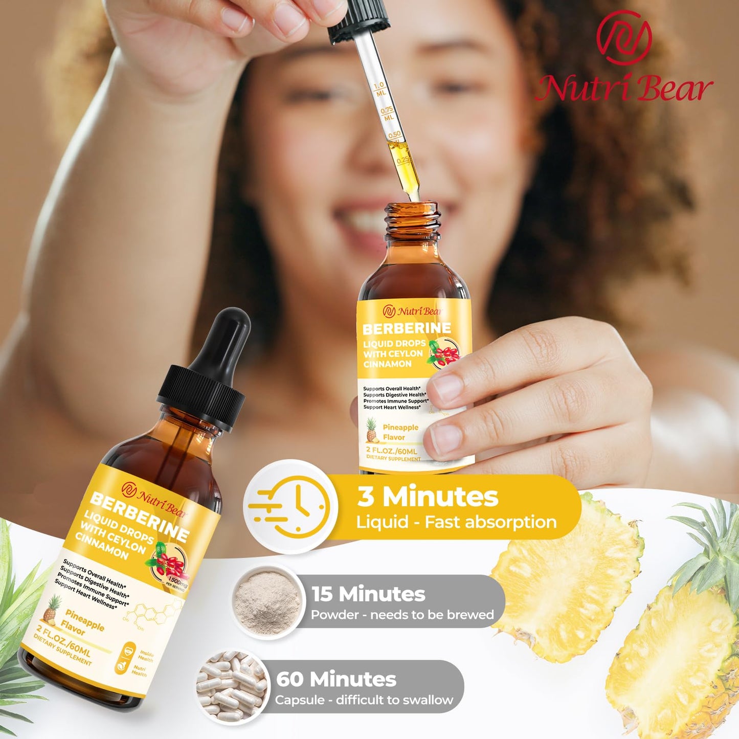 Berberine Supplement with Ceylon Cinnamon, Berberine HCL Liquid Drops with Turmeric, Bitter Melon, Quercetin, 10X Strength AMPK for Digestion System, Immune Health Support -Vegetarian, 2 fl oz - Medaid International