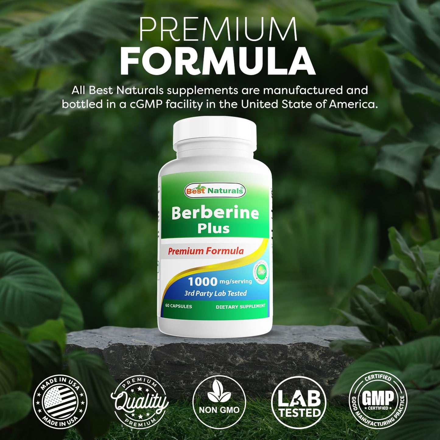 Best Naturals Berberine Plus 1000mg per Serving, (Non-GMO) 60 Capsules - Contains Berberine HCL 1000mg, Vitamin C 120mg & Zinc Gluconate 30 mg - Medaid International