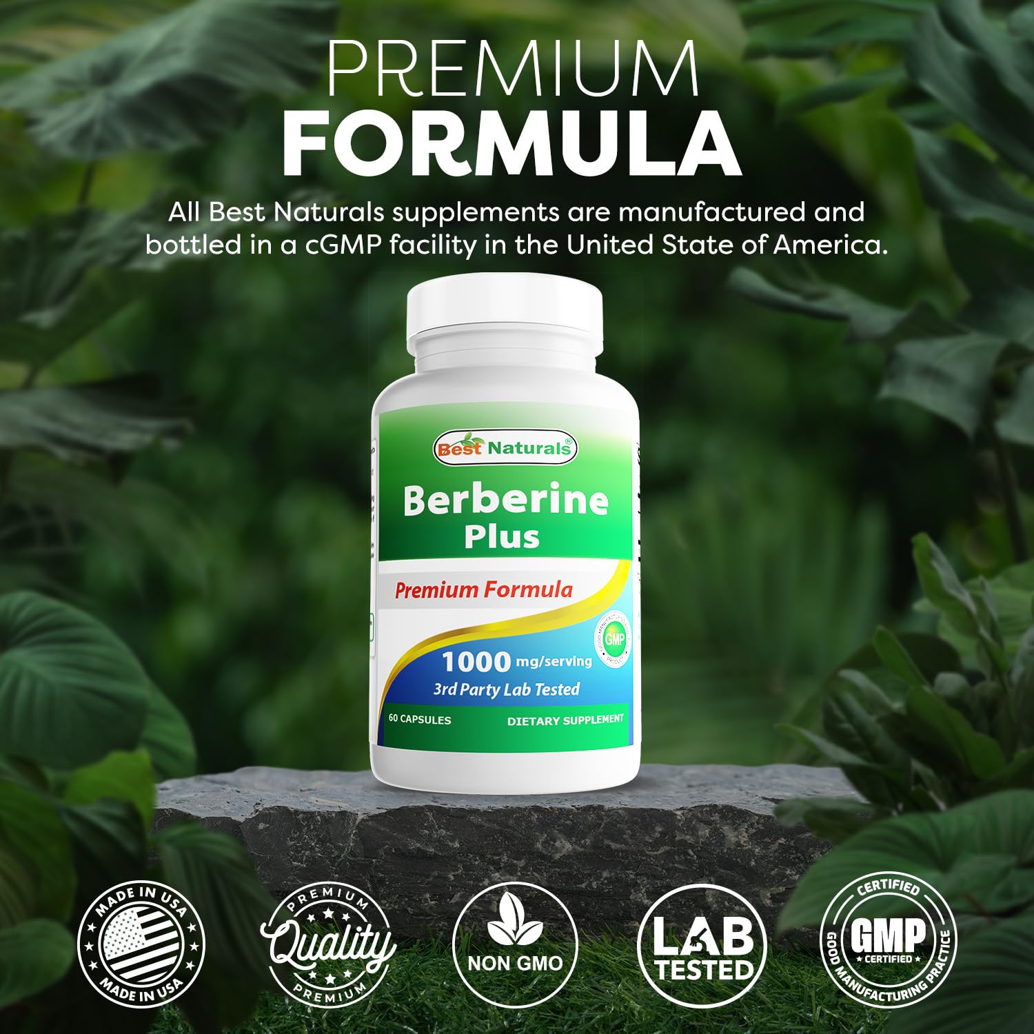 Best Naturals Berberine Plus 1000mg per Serving, (Non-GMO) 60 Capsules - Contains Berberine HCL 1000mg, Vitamin C 120mg & Zinc Gluconate 30 mg - Medaid International