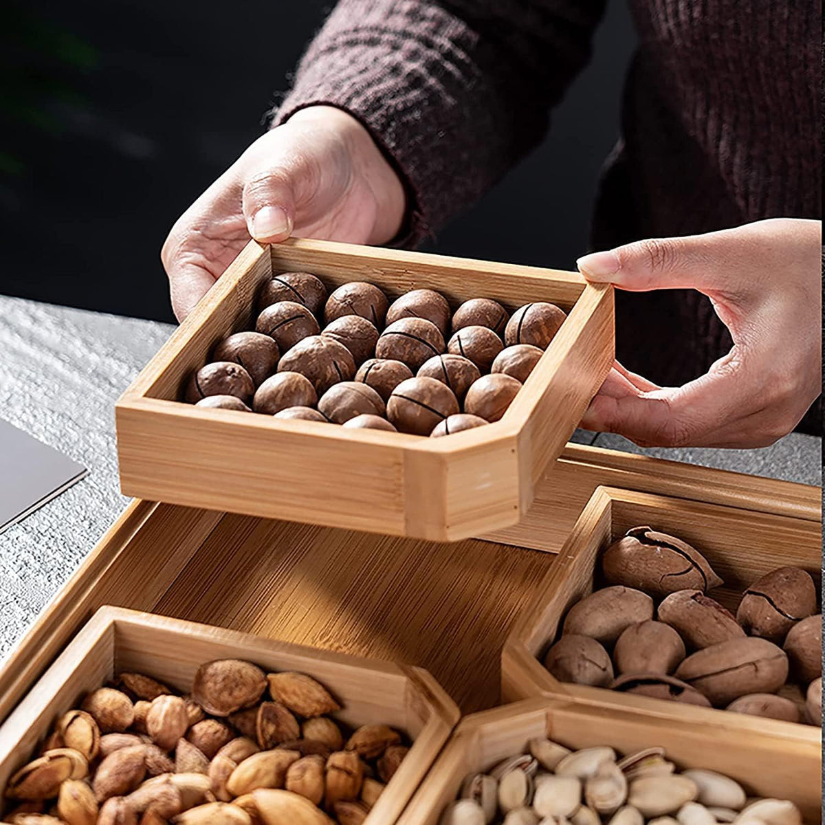 Bamboo Snack Serving Tray with Transparent Lid
