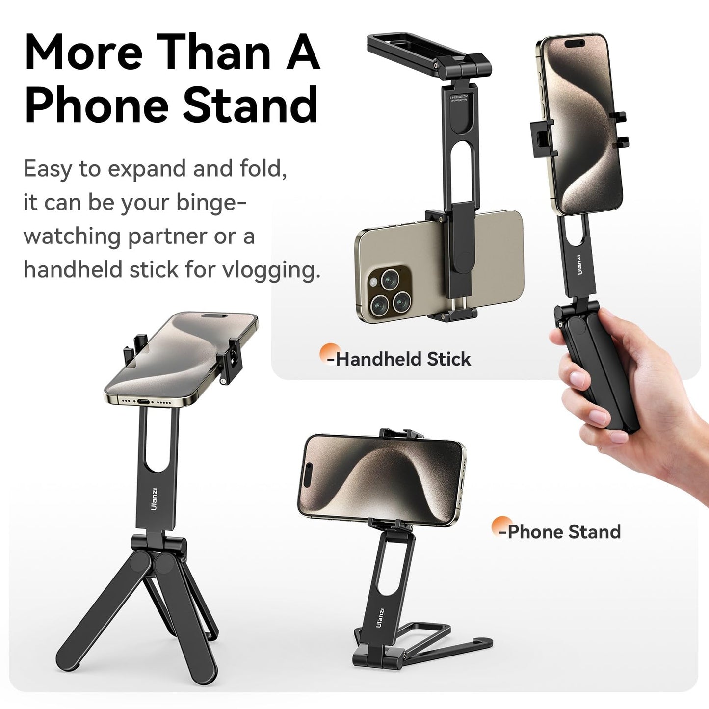 ULANZI MA26 Foldable Phone Tripod, Pocket Cell Phone Vlog Video Tripod Handle Aluminium Smartphone Desk Stand 2 Cold Shoe Small Size All in One Lightweight Portable Vlog Stick for iPhone 17 Samsung - Medaid International