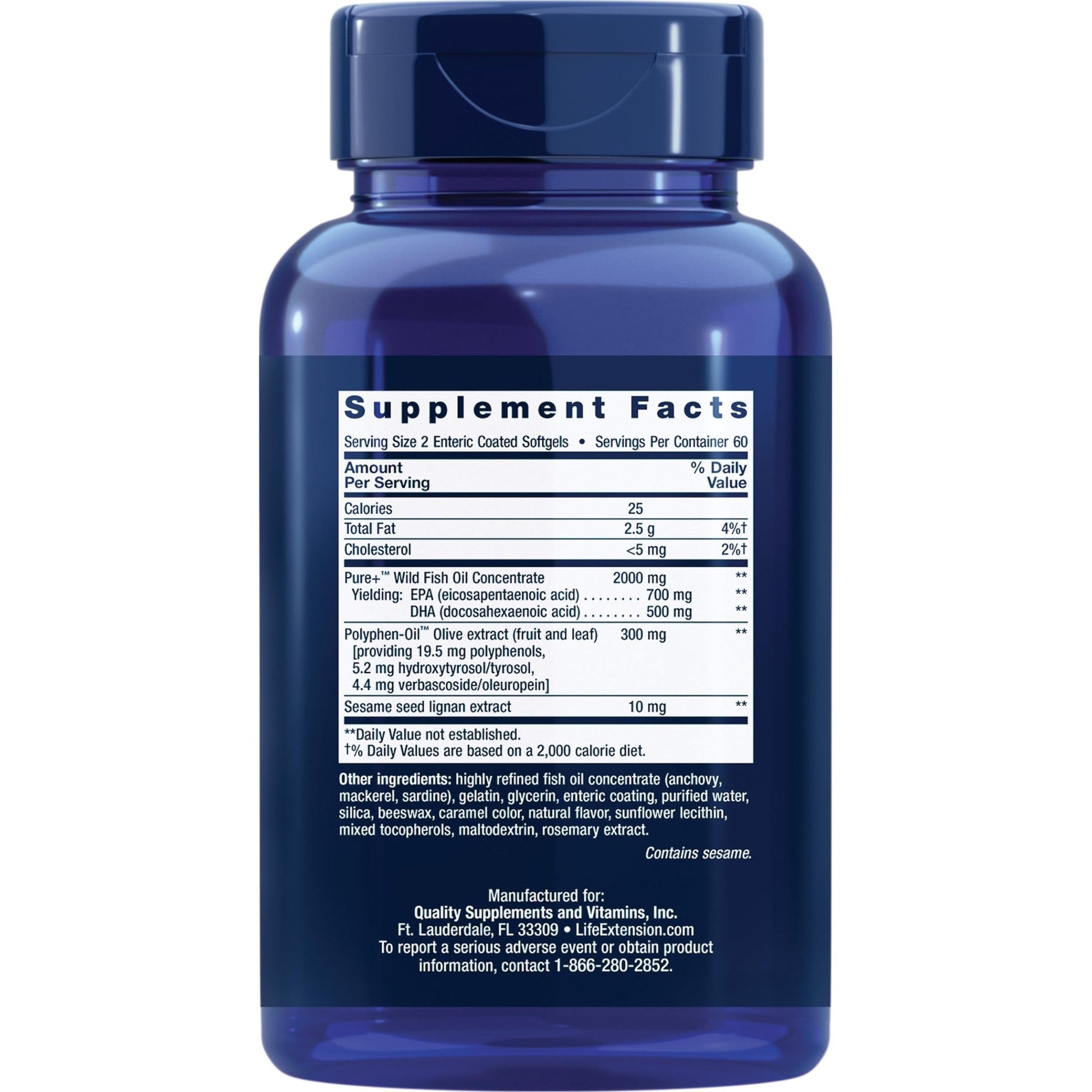 Life Extension Super Omega-3 EPA/DHA Fish Oil, Sesame Lignans & Olive Extract – Heart Health, Brain Health, Inflammation Health Support, Gluten-Free, Enteric-Coated, Non-GMO, 120 Softgels - Medaid International