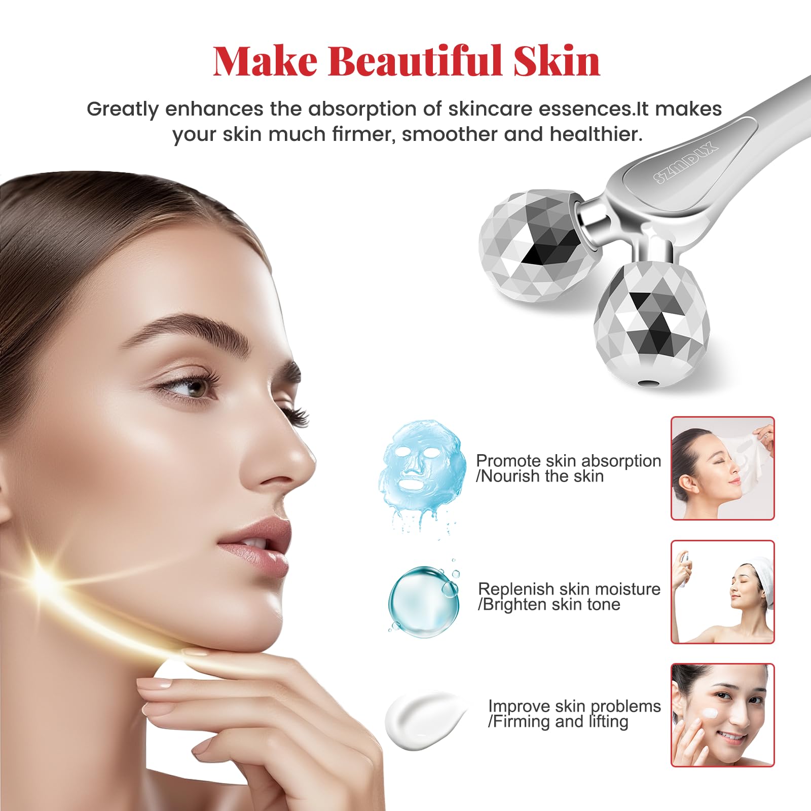 3D Facial Massager Rollers Lifting Massager, Skin Care Face Body Massager Firming Tools for Body Relaxation Massage, Kneading, Body Slimming and V-shaped Face Lift, Anti-Wrinkle (Silvery White) - Medaid International
