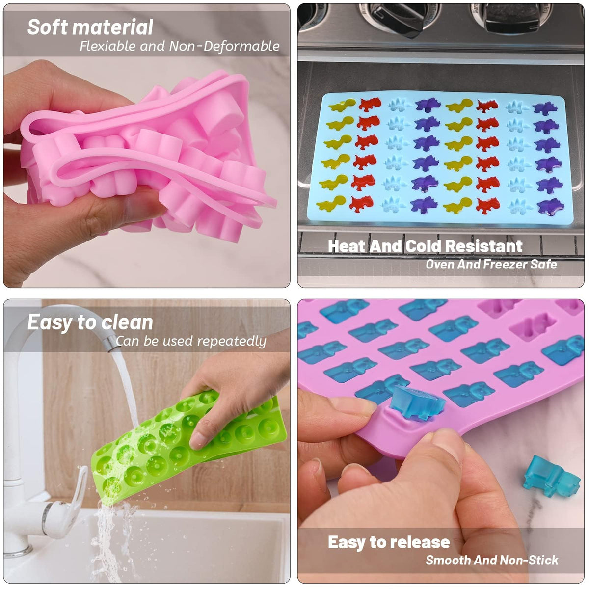 KASTWAVE Gummy Candy Molds Silicone with 2 Droppers Pack of 4 Mini Silicone Molds Including Dinosaur, Bear Shape, Hearts and Donut Gummie Chocolate Molds for Kids