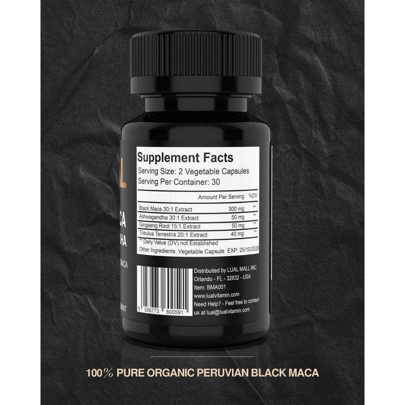 LUAL 30,000mg 30x Strength Organic Black Maca Root with Ashwagandha - Highest Potency Black Maca Root Capsules for Men - 100% Pure Maca Peruana Powder Organic, Gelatinized, Non-GMO - 60 Pills - Medaid International
