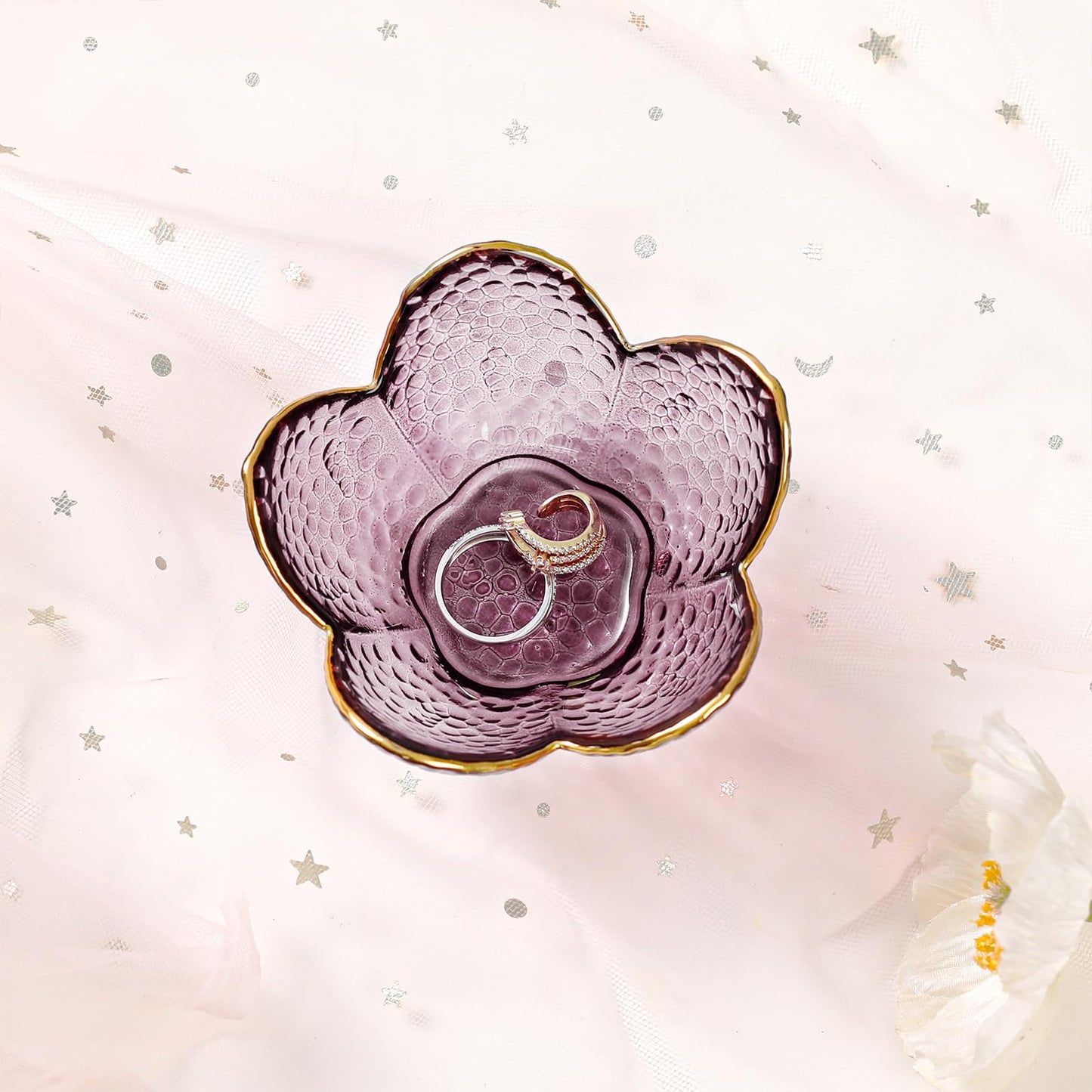 Purple Flower Jewelry Dish Glass Ring Holder Dish Jewelry Tray Cute Vanity Organizer Aesthetic Nightstand Bathroom Room Decor Trinket Dish Valentine's Friendship Christmas Birthday Gifts for Women - Medaid International
