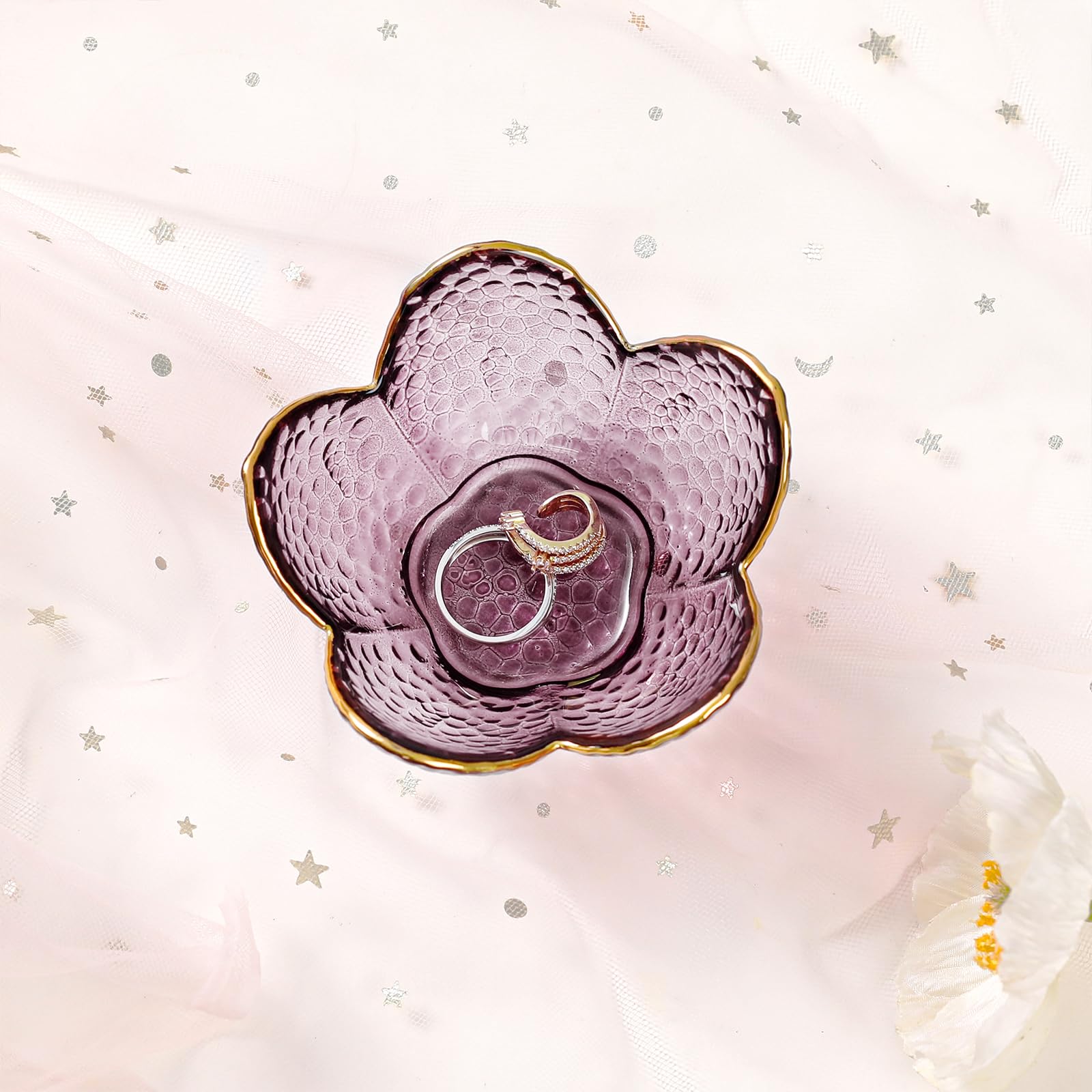 Purple Flower Jewelry Dish Glass Ring Holder Dish Jewelry Tray Cute Vanity Organizer Aesthetic Nightstand Bathroom Room Decor Trinket Dish Valentine's Friendship Christmas Birthday Gifts for Women - Medaid International