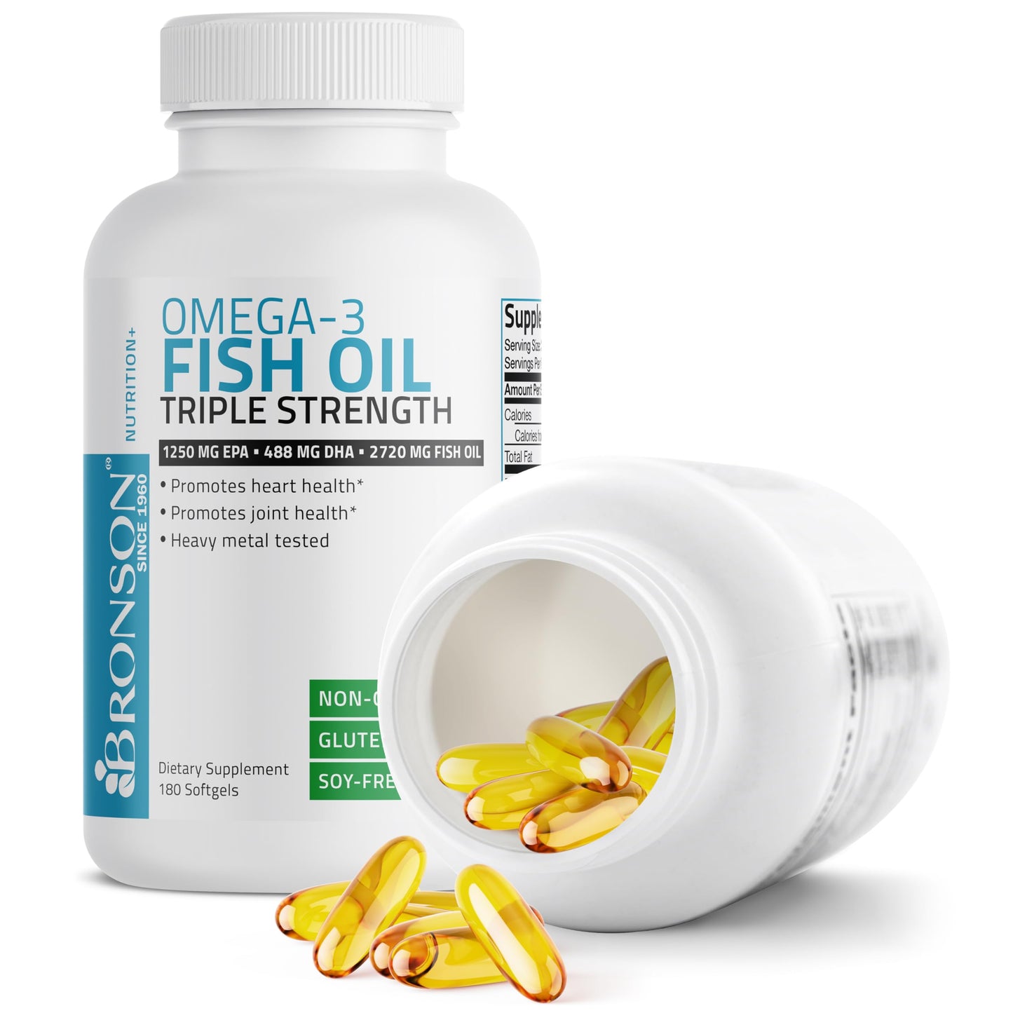 Bronson Omega 3 Fish Oil Triple Strength 2720 mg, High EPA 1250 mg DHA 488 mg, Non-GMO Heavy Metal Tested, 180 Softgels - Medaid International