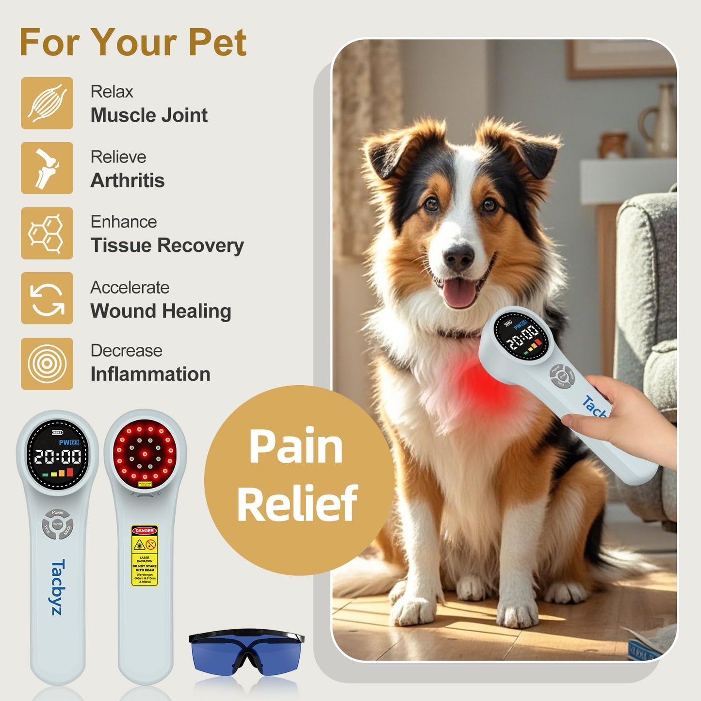 Tacbyz Cold Laser Therapy Device for Dogs, 16x660nm+4x810nm+4x980nm, Handheld Red Light Therapy for Joint&Muscles Pain Relief, Pet Laser Therapy for Dogs Cats Horse, Helps Inflammation, Wound Healing - Medaid International