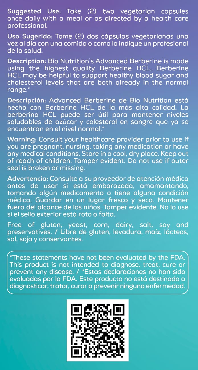 Bio Nutrition Advanced Berberine 50 Vegetarian Capsules | 1,200 Milligram Berberine | Immune System | Healthy GI - Medaid International