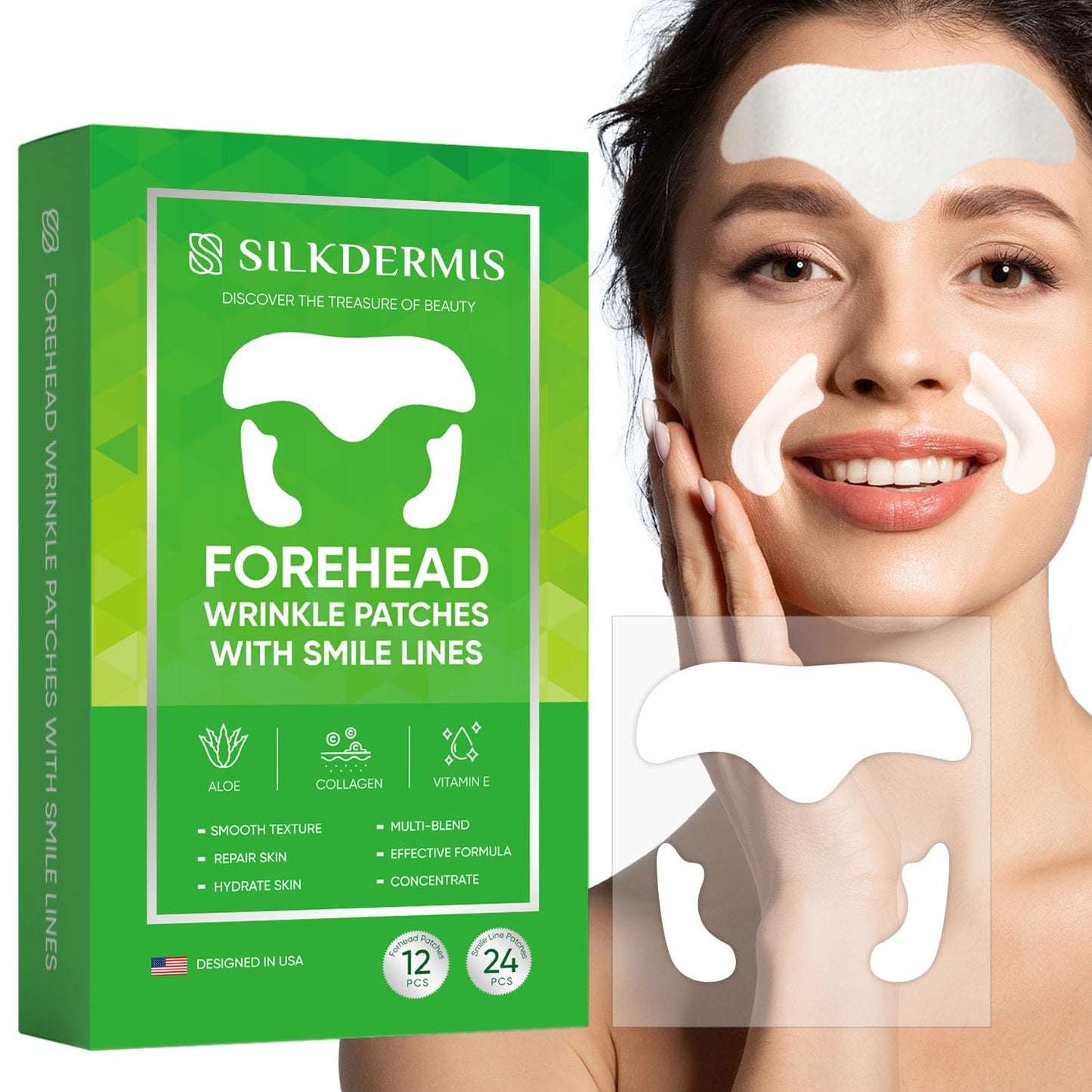 SILKDERMIS Forehead Wrinkle Patches 12Pcs with Smile Line Patches 24Pcs with Aloe, Collagen, Vitamin E, Forehead Wrinkles Treatment and Smile Lines Treatment - Medaid International