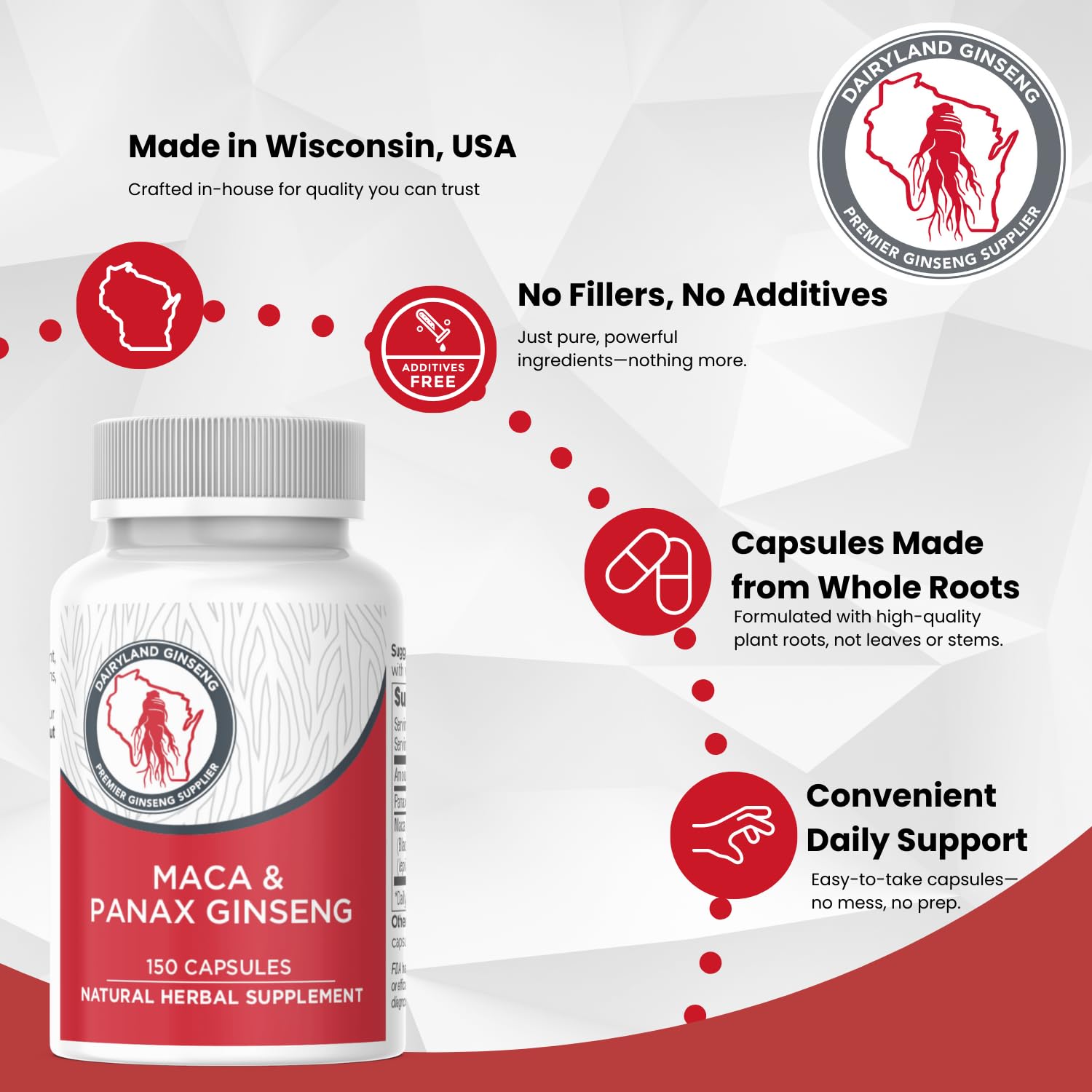 Maca Root Capsules + Korean Panax Ginseng - Concentrated Extract Black + Red + Yellow Maca Root, Panax Ginseng Capsules 150 ct - Medaid International