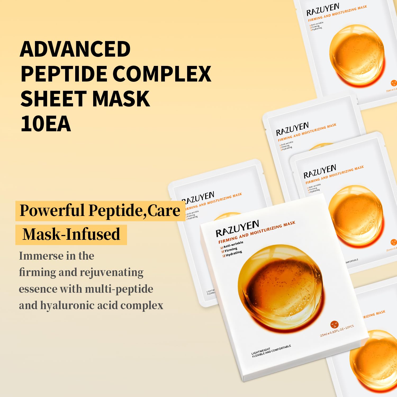 RAZUYEN Firming and Moisturizing Sheet Face Masks (Pack of 10) with Hyaluronic Acid and Peptides, Reduce Fine Lines and Wrinkles, Hydrating & Anti-Aging Spa Face Mask, Facial Skin Care - Medaid International