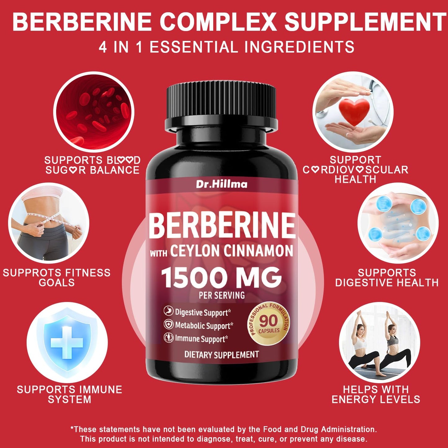 Dr.hillma Berberine Supplement 1500mg, High Bioavailability Berberine HCL with Ceylon Cinnamon, Supports Metabolic & Overall Wellness, Gluten Free, Non-GMO, 90 Capsules - Medaid International