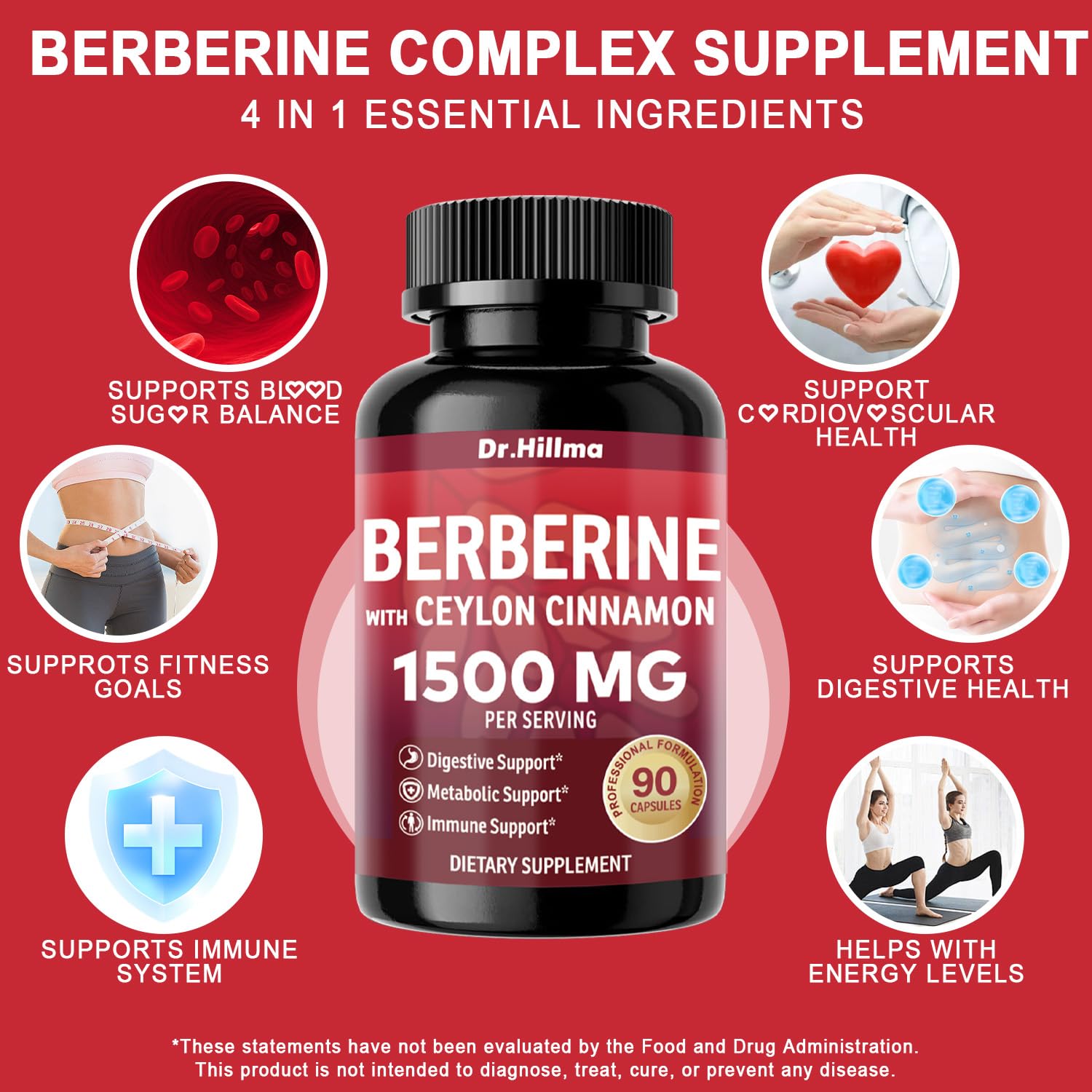 Dr.hillma Berberine Supplement 1500mg, High Bioavailability Berberine HCL with Ceylon Cinnamon, Supports Metabolic & Overall Wellness, Gluten Free, Non-GMO, 90 Capsules - Medaid International