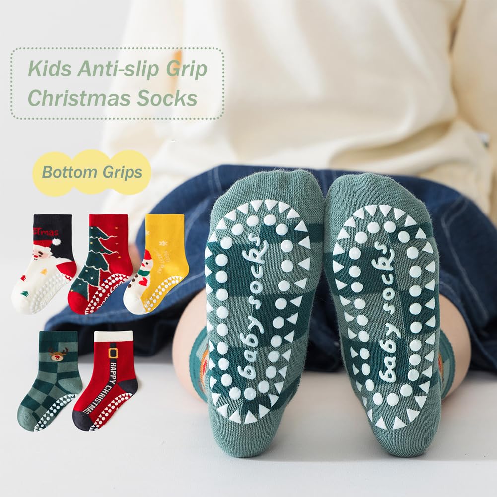 WATOCHE Kids Christmas Socks Toddler Nonslip Grip Christmas Xmas Socks for Baby Holiday Winter Warm for Boys/Girls(Nonslip Tree Set,1-3T) - Medaid International