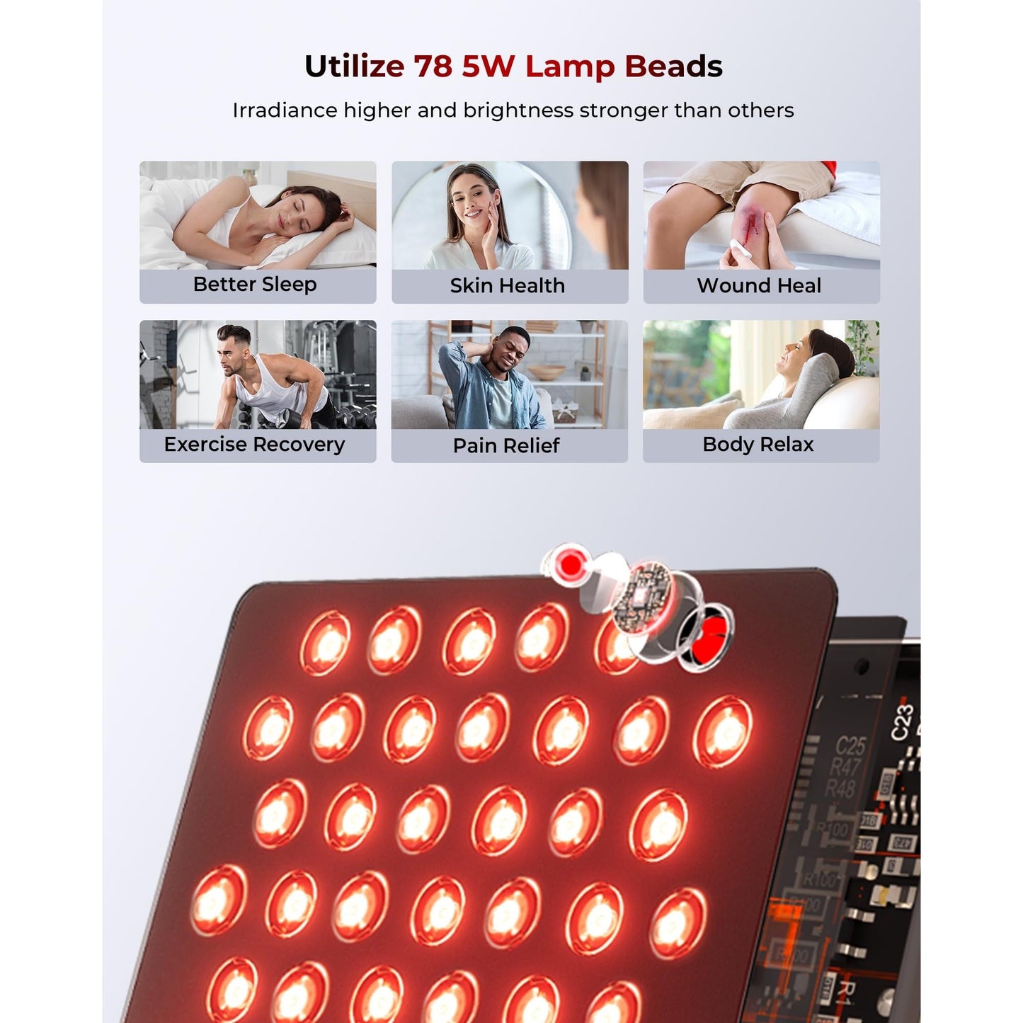 Red Light Therapy Devices, 78 pcs 4-Chip LEDs 630nm-850nm Near Infrared Light Therapy Panel, Adjustable Brightness (20-100%), Time(5-30 min) Red Light Panel for Home Office & Gym - Medaid International