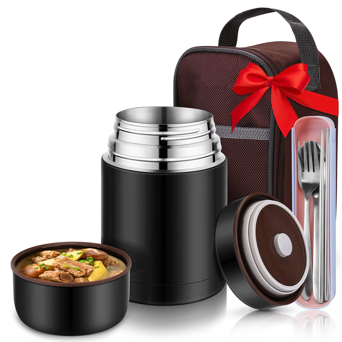 TERRIFI 27oz Vacuum Insulated Stainless Steel Food Jar - Perfect for Hot or Cold Lunches Stay Fresh, Leak-Proof Soup Containers, Complete with Cutlery Bag in Sleek Black