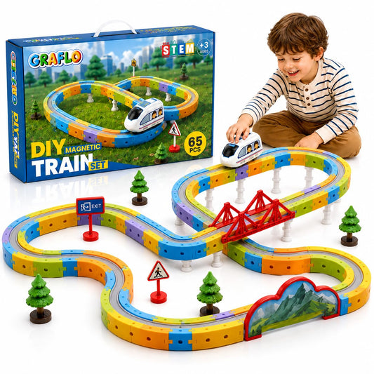 GRAFLO 65PCS Magnetic Electric Train Building Blocks Set - STEM Educational toy for Kids, Construction Stacking Toy with Train Cars, Tracks & Figures, Gift for Boys & Girls Ages 3-8