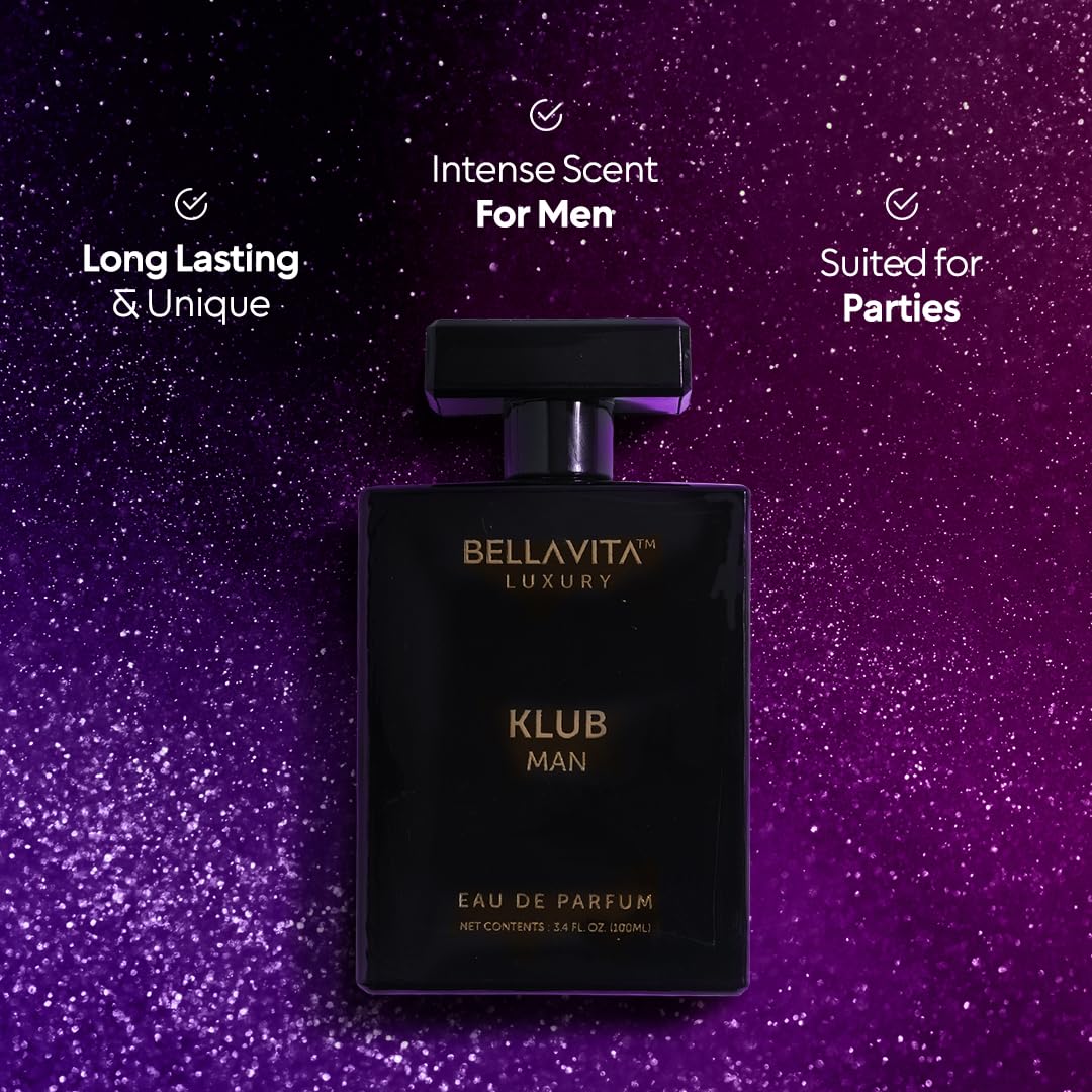 BellaVita Luxury KLUB Men's Eau De Parfum (100ml) | Intense, Masculine Party Perfume for Men | Notes: Lemon, Jasmine, Rose, Musk, Amber and Patchouli | Made with Premium Long-Lasting Perfume Oils - Medaid International