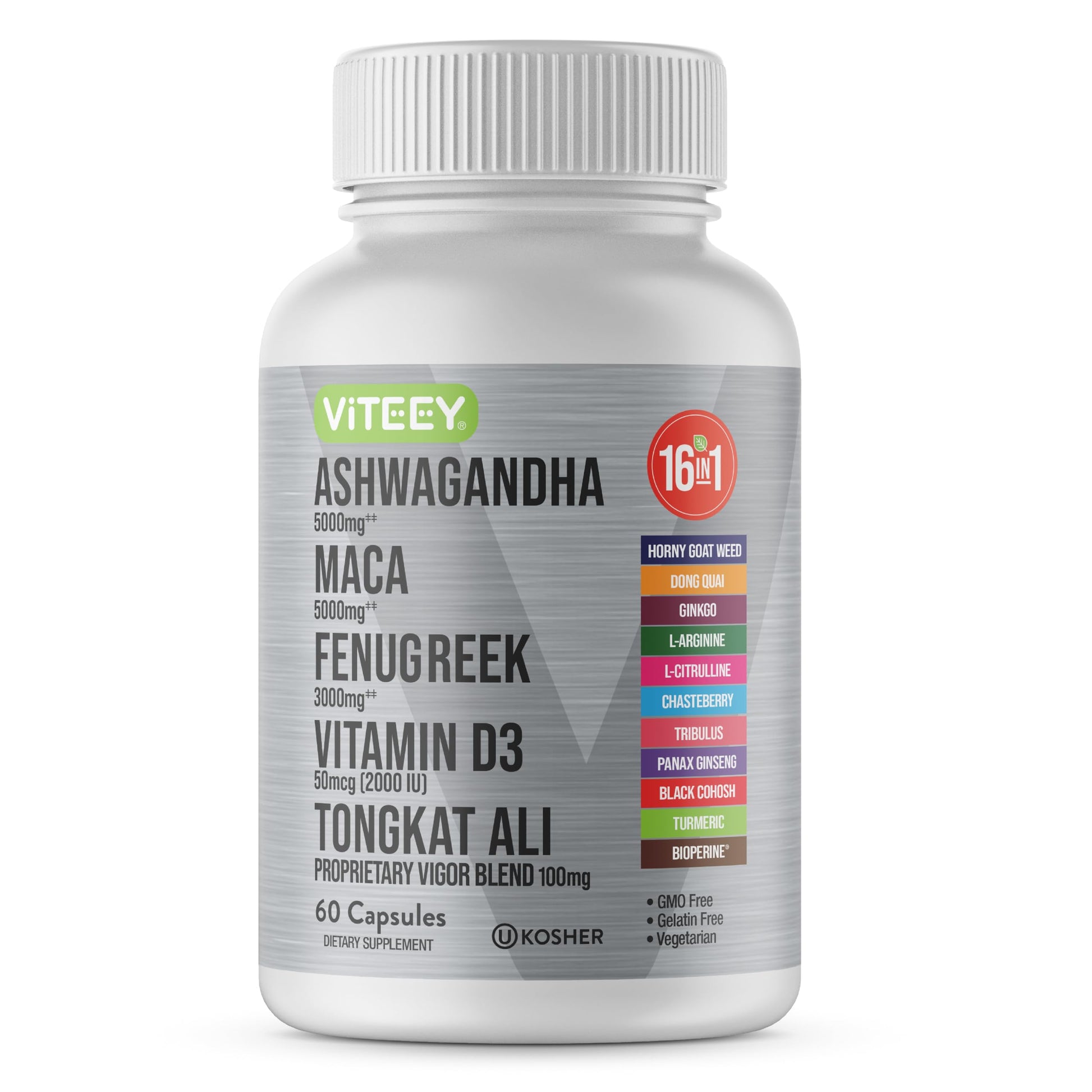 Viteey Ashwagandha Maca Fenugreek Supplement with Tongkat Ali – Drive, Passion & Energy Support for Men & Women – Mood, Calm & Stress Support - 60 Capsules - Medaid International
