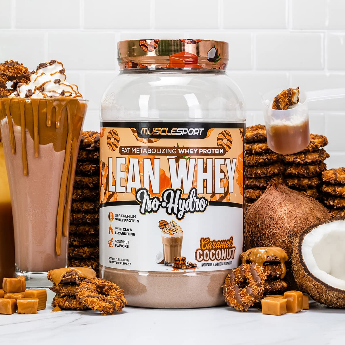 Musclesport Lean Whey Revolution™ Protein Powder - Whey Protein Isolate - Low Calorie, Low Carb, Low Fat, Incredible Flavors - 25g Protein per Scoop (2LB, Coconut Caramel) - Medaid International