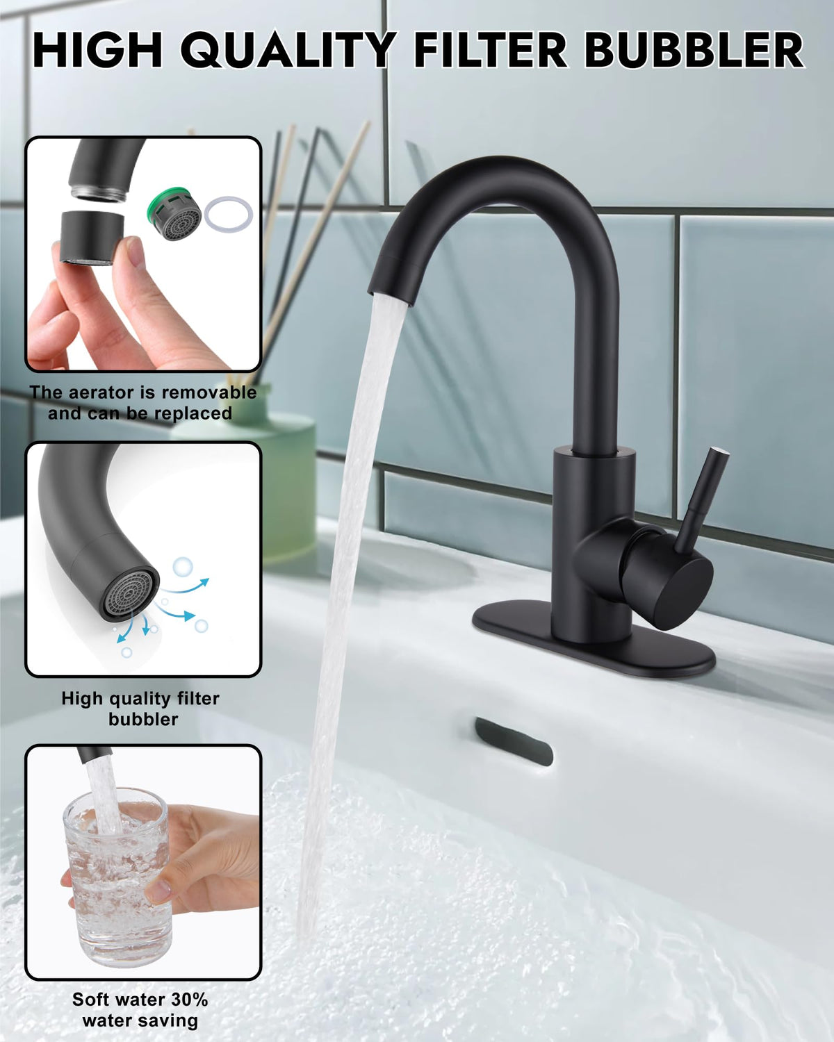 Midanya Matte Black Bathroom Sink Faucet Deck Mount SUS304 Stainless Steel Lavatory Mixer Tap 1 Hole Single Handle with Cover Plate Include Pop Up Drain with Overflow Commercial