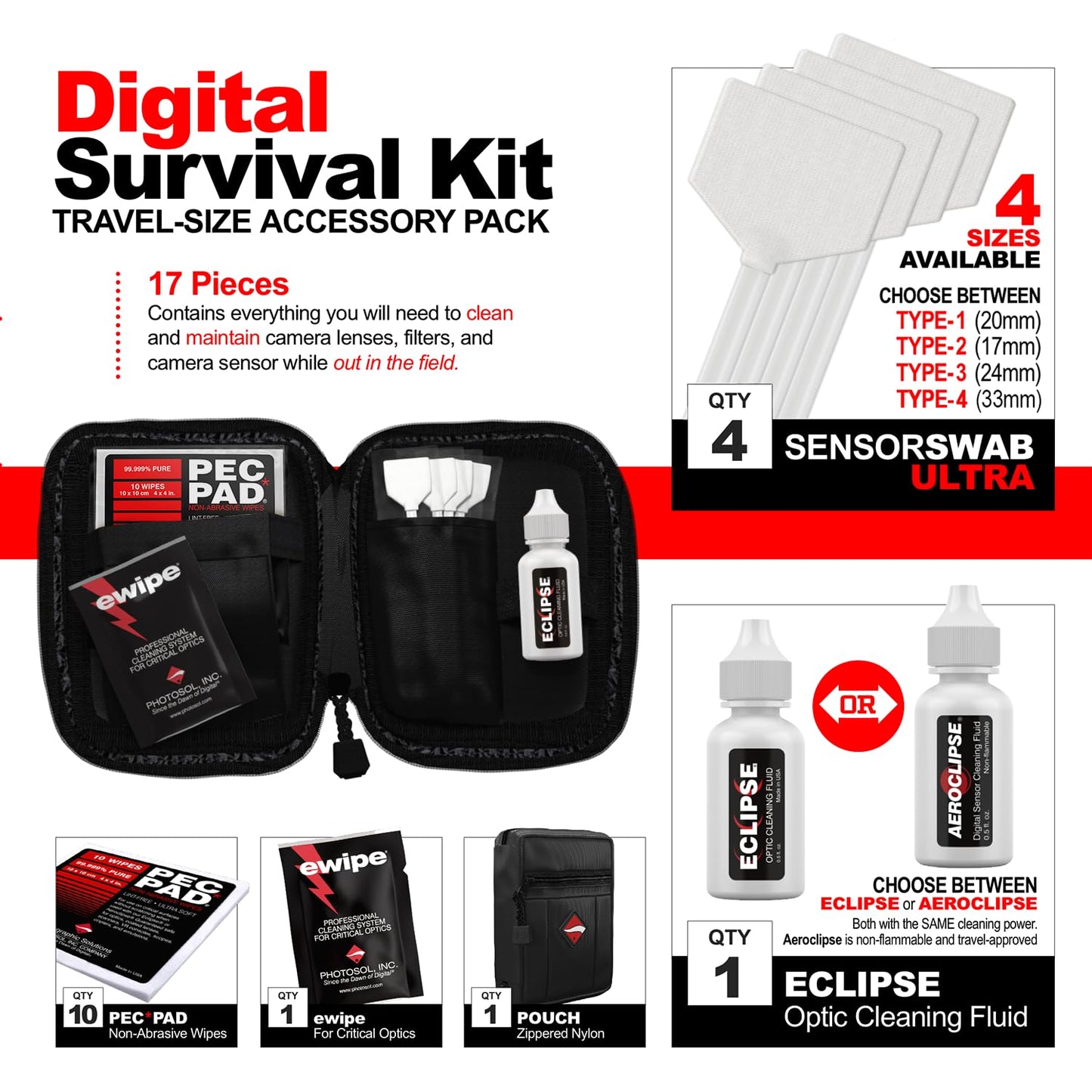 Photographic Solutions Digital Survival Kit - Type-1 (20mm) Sensor Swab, PEC-PAD Photo Wipes, E-Wipe Packet, Eclipse Optic Cleaning Fluid - Camera Cleaning Kit with Travel Bag