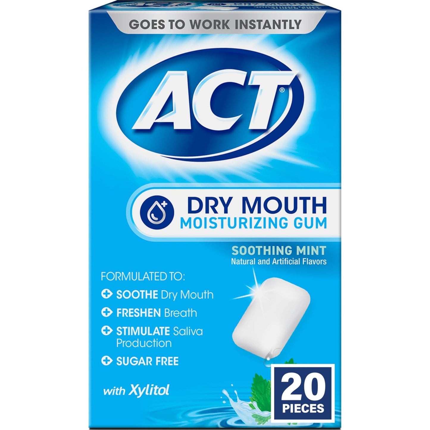 ACT Dry Mouth Moisturizing Gum, 20 Pieces, With Xylitol, Sugar Free Soothing Mint