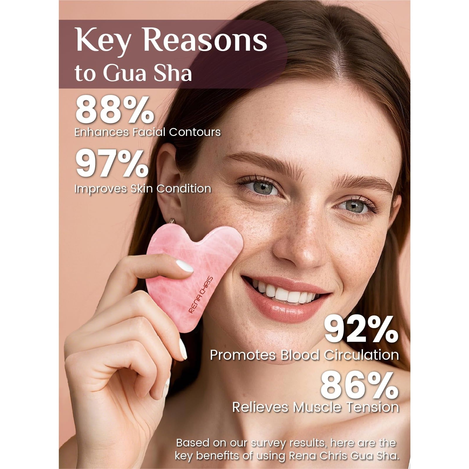 Rena Chris Gua Sha Facial Tools: Natural Rose Quartz Guasha Tool for Face Acupuncture Therapy, Facial Massager for Jawline Sculpting and Puffiness Reducing (Pink) - Medaid International