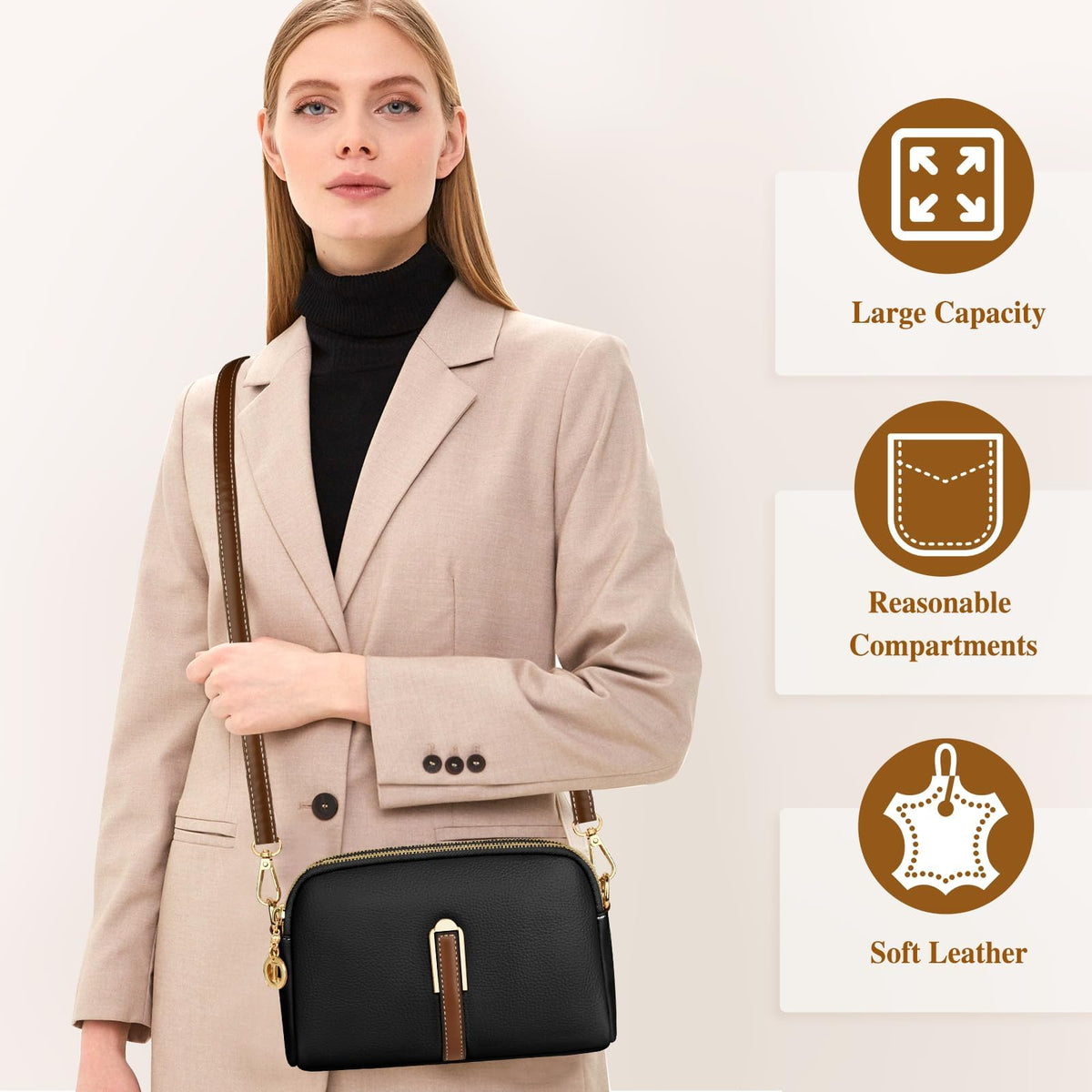 Crossbody Bag for Women, Leather Handbag & Shoulder Bag with Adjustable Wide Strap