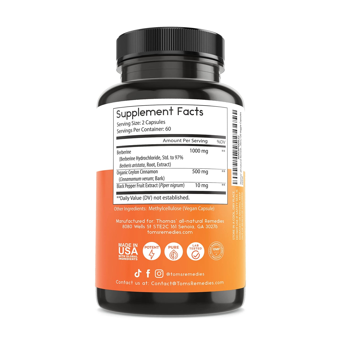 Thomas' all-natural Remedies Berberine 500mg (1000mg Per Serving)- 120 Vegan Capsules- with Ceylon Cinnamon & Black Pepper- Supports Healthy Immune Function & Overall Wellness - Medaid International