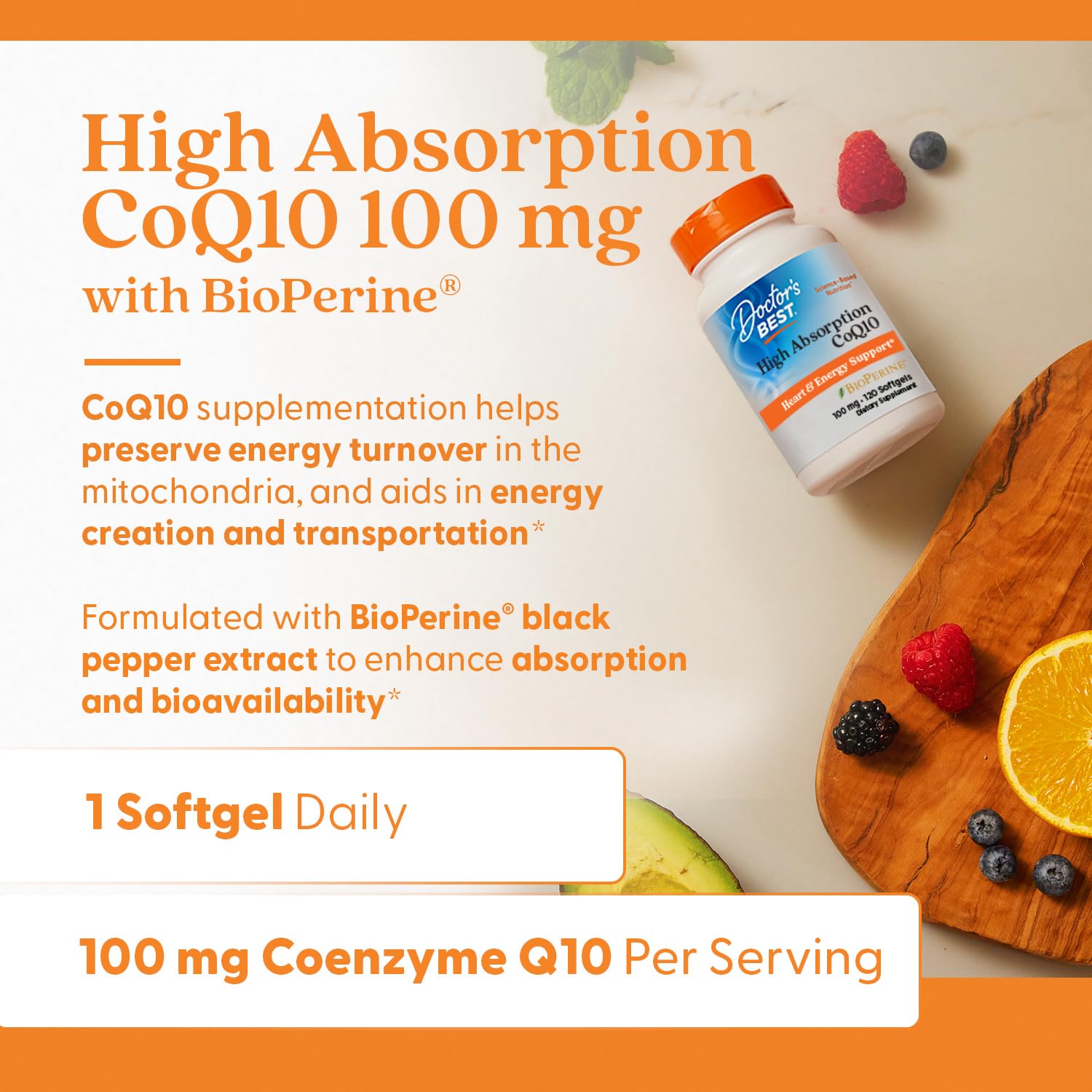 Doctor's Best High Absorption CoQ10 with BioPerine, Gluten Free, Naturally Fermented, Heart Health, Energy Production, 100 mg, 120 Count - Medaid International