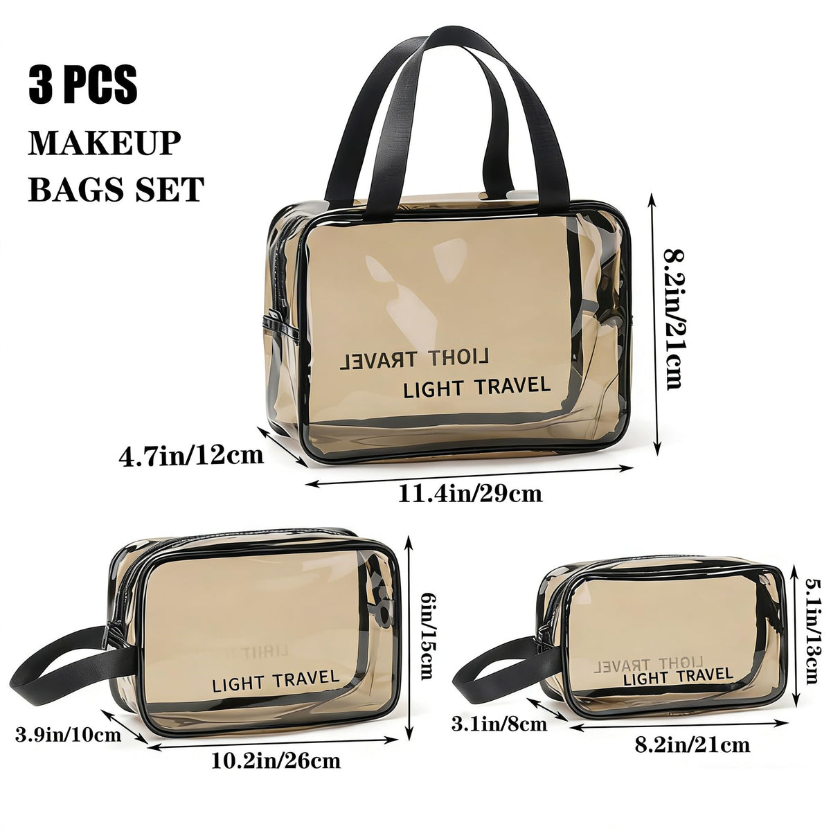 KASTWAVE Clear Cosmetic Bag, 3 Piece Water Resistant PVC Packing Cubes with Zipper Closure & Carry Handle Suitable for air Travel Bathroom Beach Pool Spa Gym Bag(Gray)