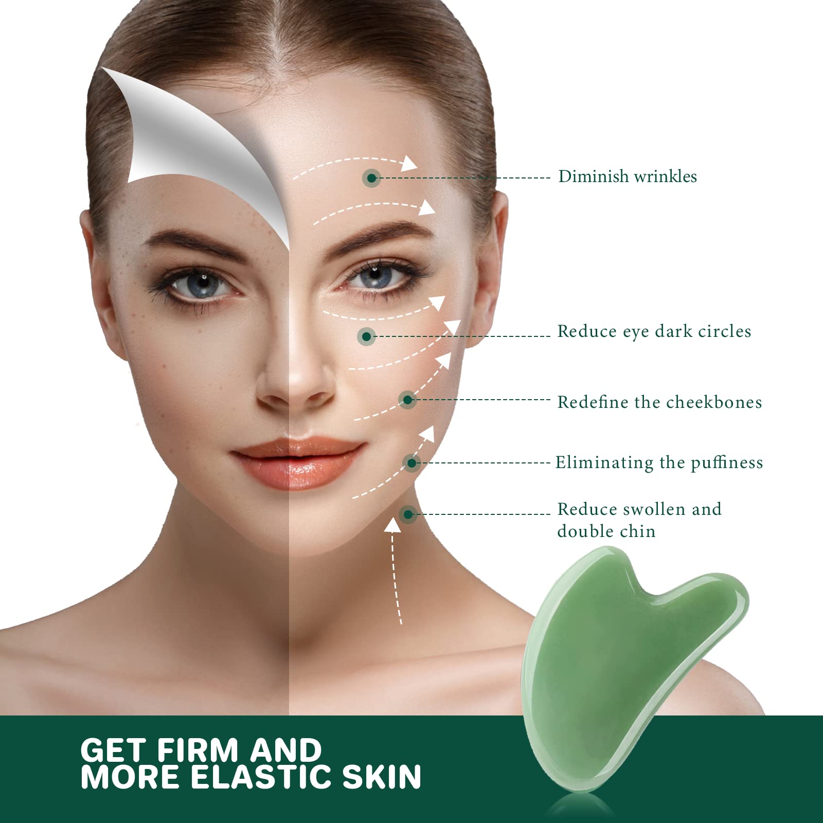 Gua Sha Facial Tool Guasha Board Natural Jade Stone for SPA Acupuncture Therapy Trigger Point Treatment, Relieve Muscle Tensions Reduce Puffiness (Green) - Medaid International
