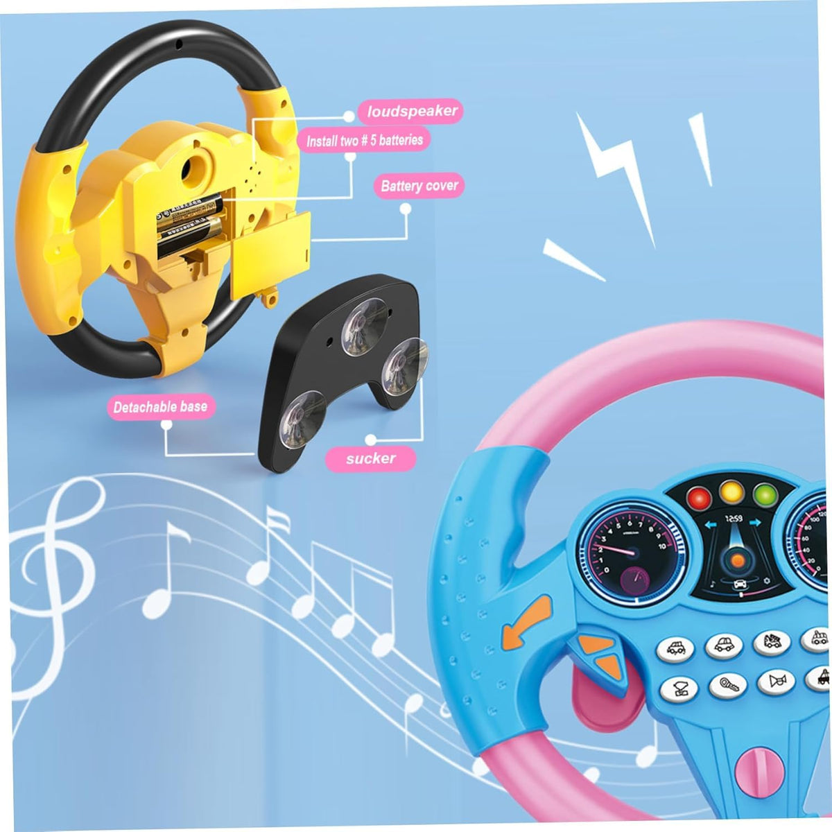Kids Steering Wheel Toy with Light & Sound – Simulated Driving Controller 21×3.5×21 cm, Suction Mount, Educational Pretend Play for Boys & Girls (3+) (Yellow)
