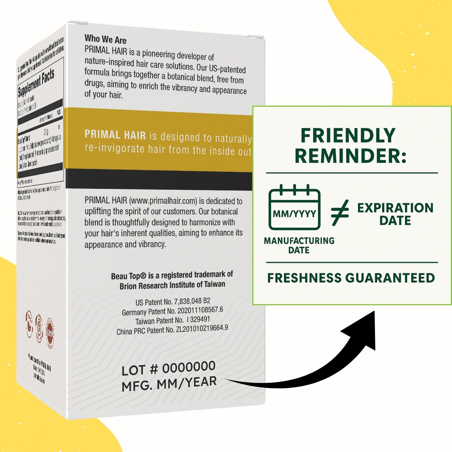 Primal Hair 3 PK- 100% Natural Growth Treatment, Reduces Hair Loss, US Patented Formula Proven Effective for Men & Women, 100% Vegan, Non-GMO, 90-Day Supply, 3 Pack - Medaid International